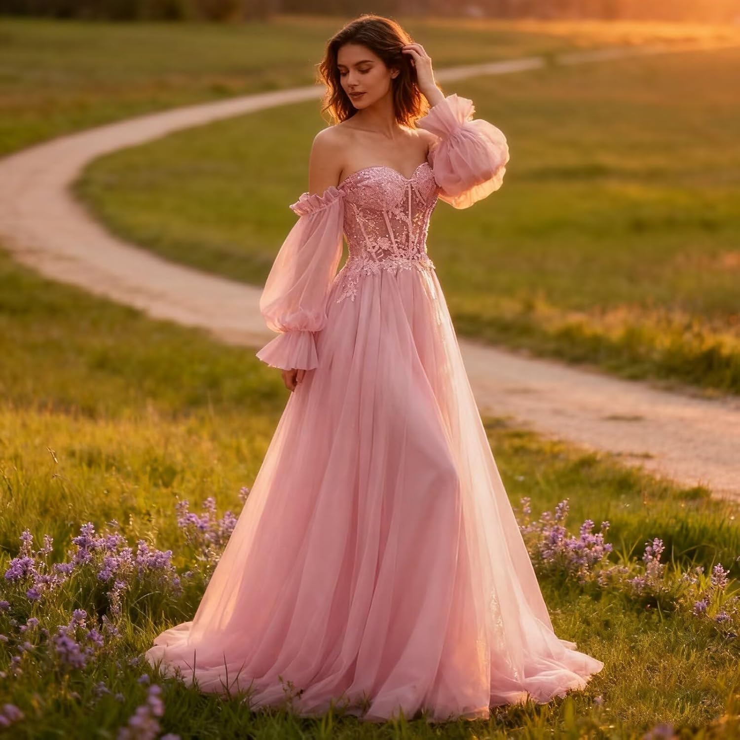 Puffy Sleeve Prom Dresses Off Shoulder Lace Tulle Ball Gowns Formal Evening Gowns Sweetheart Princess Wedding Gown - Image 2