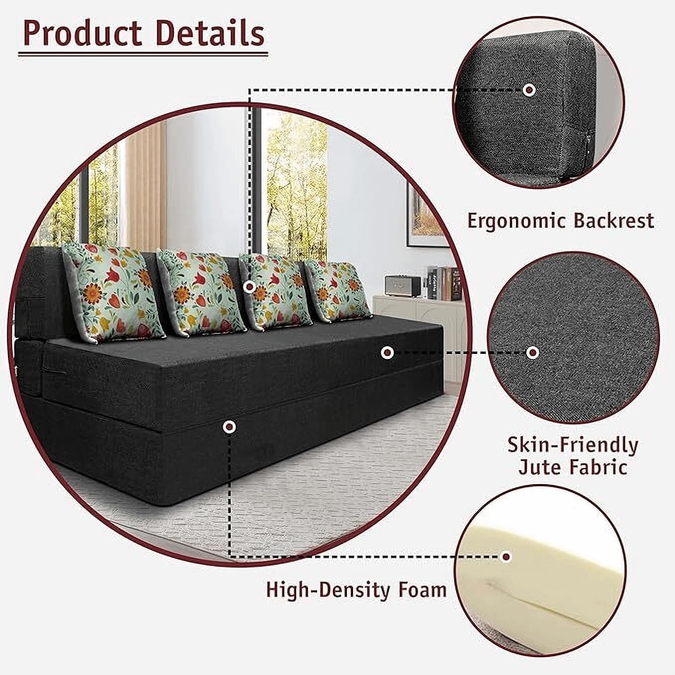 Softloom Homes King Size 3 Seater Sofa Cum Bed | 5-Year Warranty | Folding/Foldable 4-in-1 Convertible Sofa Bed | 4 Cushions | 2 Layer HR & High Density Foam | Jute Fabric, Black, 72x72 in,165mm 2