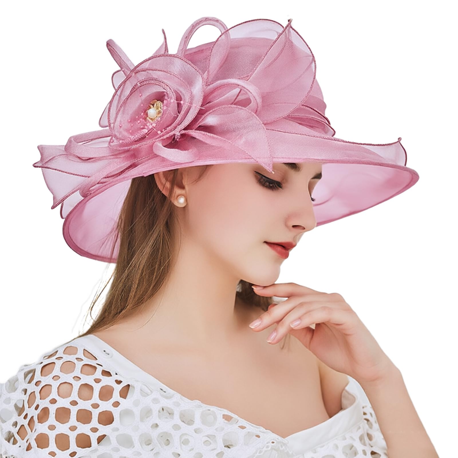 TLMNU Organza Fascinator Hat - Women's Wide Brim Church Bridal Tea Party Wedding Hat, 03purplepink, One Size
