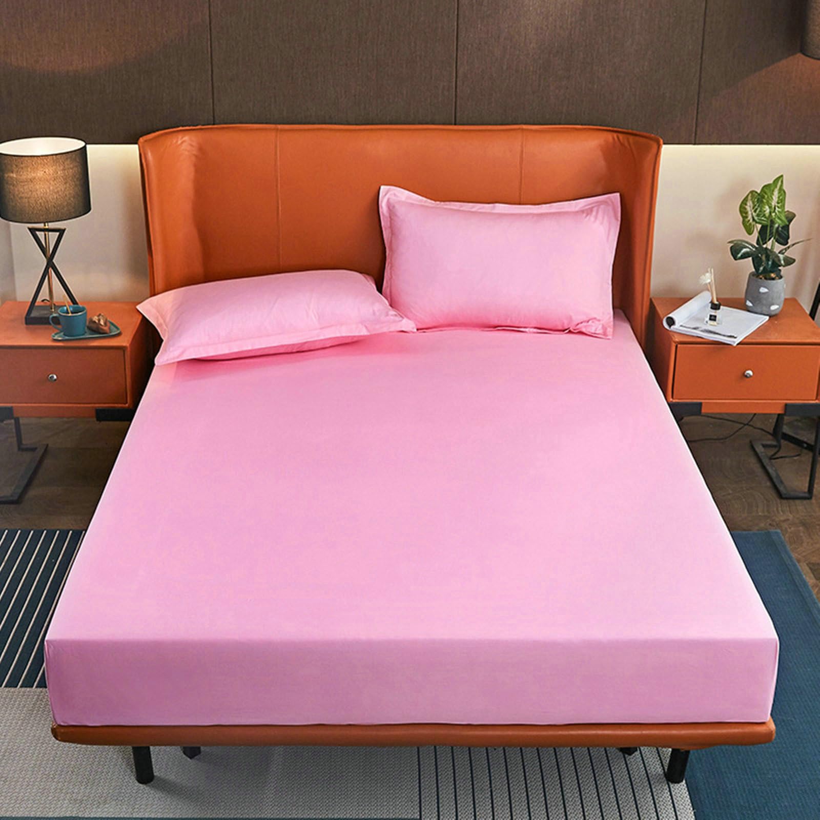 Spannbettlaken Und Kopfkissenbezug 190X150, Baumwolle Spannbettlaken Einfarbige Farbe Spannbetttücher Matratzenhöhe Bis 11-26cm Rosa