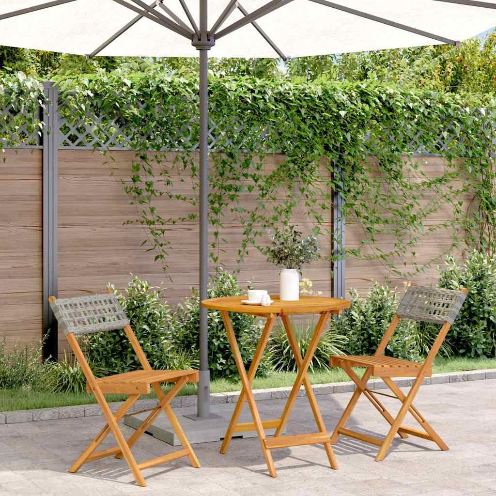 Set da 3 pezzi, grigio in rattan sintetico e legno di acacia massiccio, pieghevole, per giardino, balcone o terrazza, con robusto tavolo e due sedie senza braccioli, portata fino a 110 kg