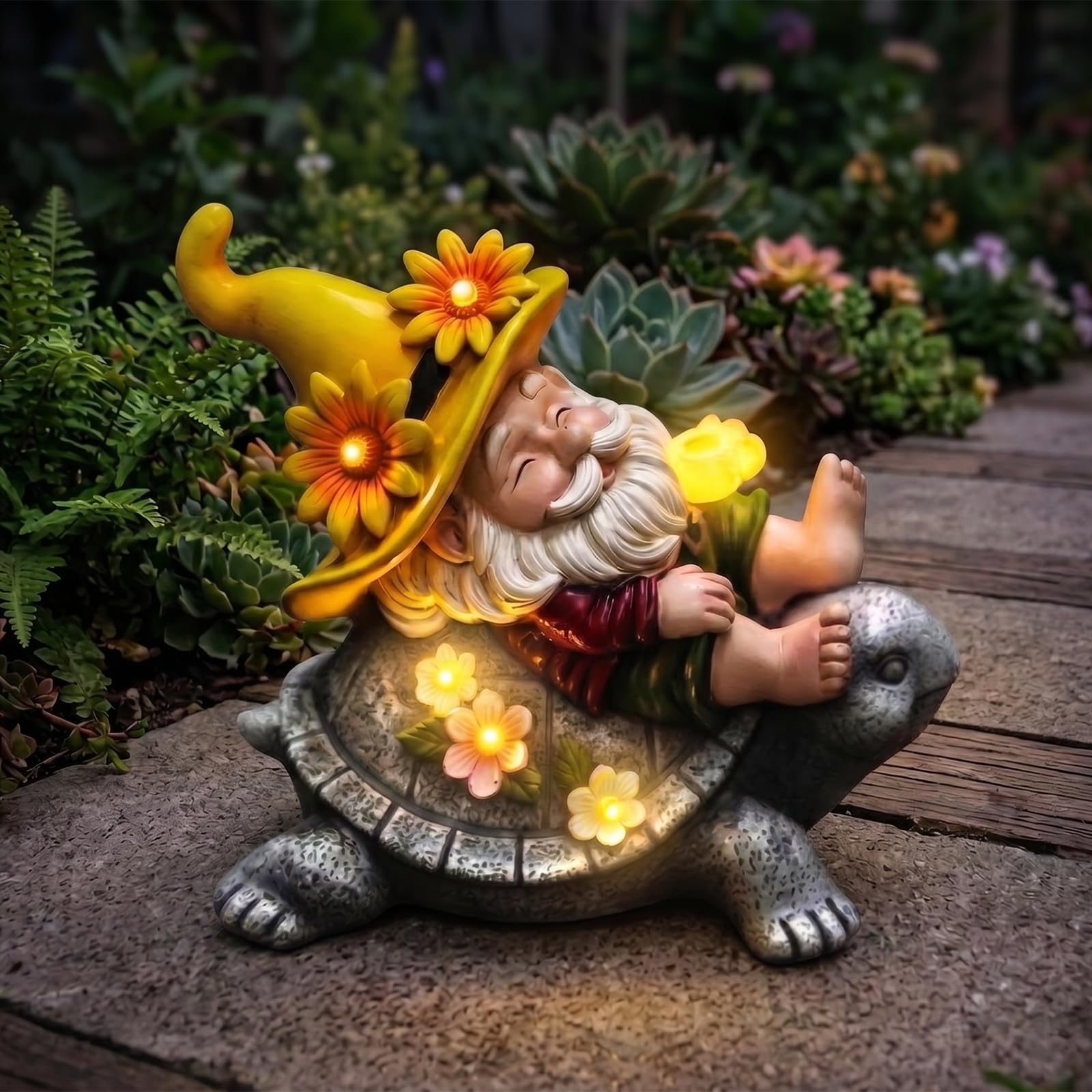 Solar Turtle Garden Ornament - Large Tortoise Statue with 7 Glowing Succulent Lights - Waterproof Resin Animal Figurine for Rockery, Pathway & Patio - Unique Gardening Gifts for Mum & Grandma