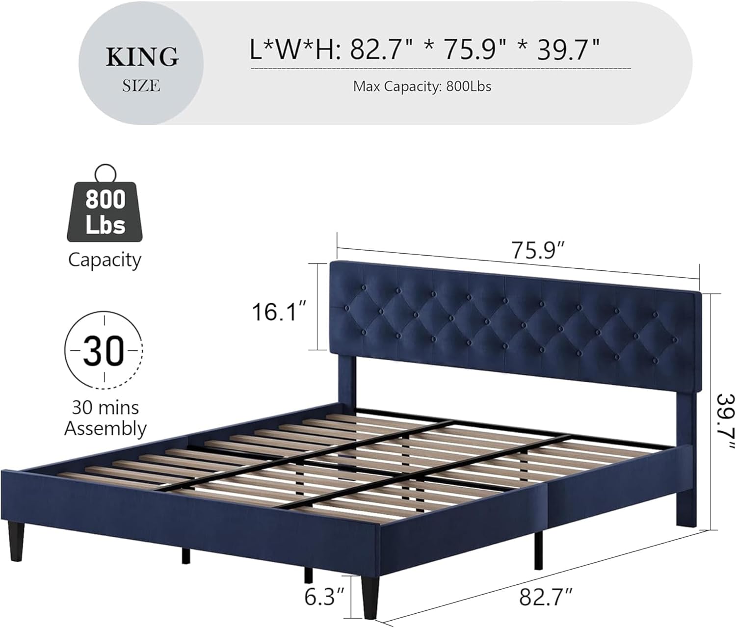 BarnFurin King Size Bed Frame, Upholstered Platform Bed Frame King with Button Tufted Headboard, Wooden Slats Support, No Box Spring Required, Easy Assembly, Navy Blue