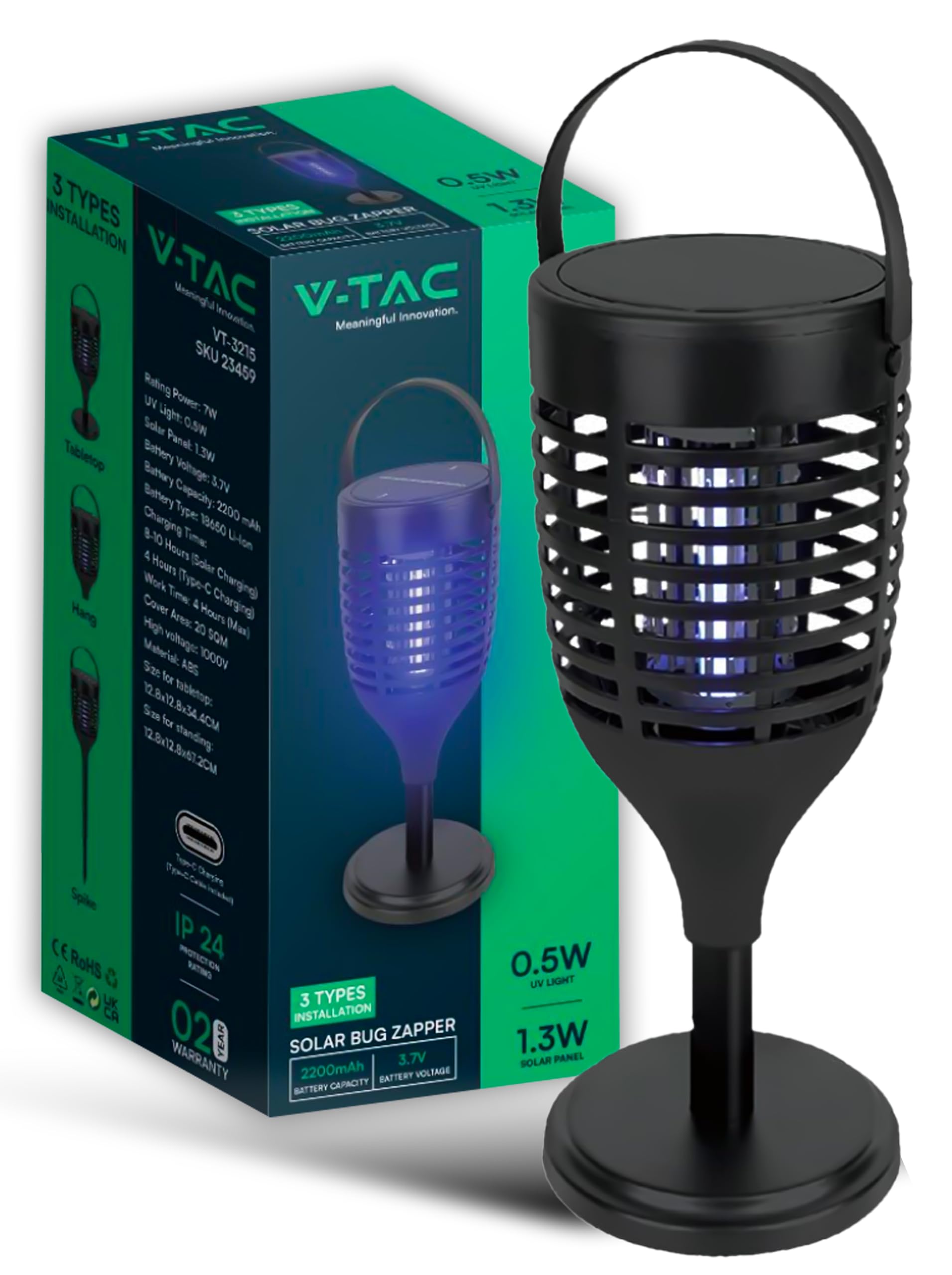 V-Tac Vt-3215 Zanzariera Elettrica Led Con Pannello Solare, Ricaricabile 3in1 Usb-C 2w Da Giardino, Campeggio, Balcone