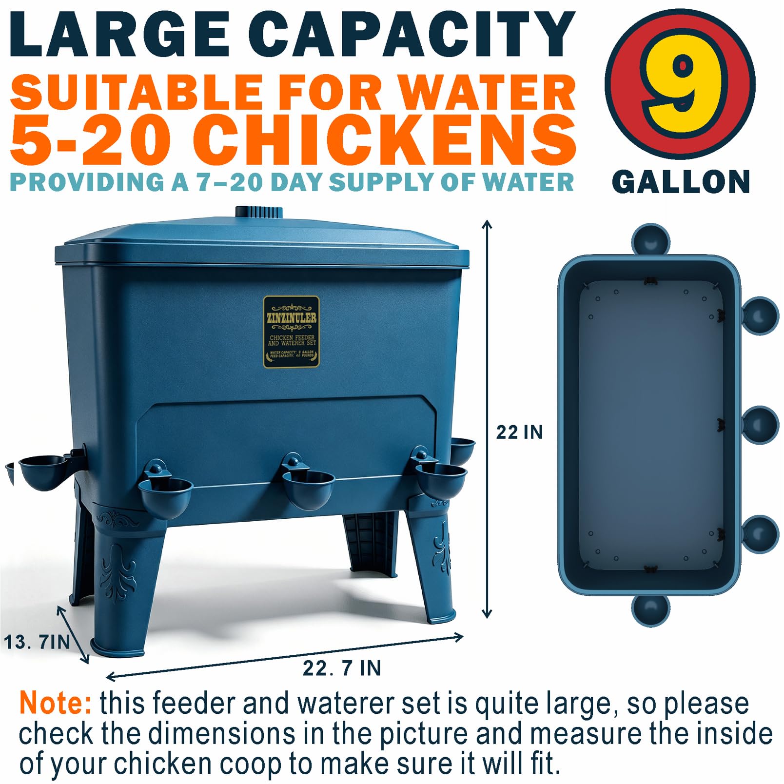 ZINZINULER Juego de comedero automático grande para pollos y bebedero de tazas, accesorios para gallineros, comedero para aves de corral sin residuos, 9 galones/50 libras (cian)