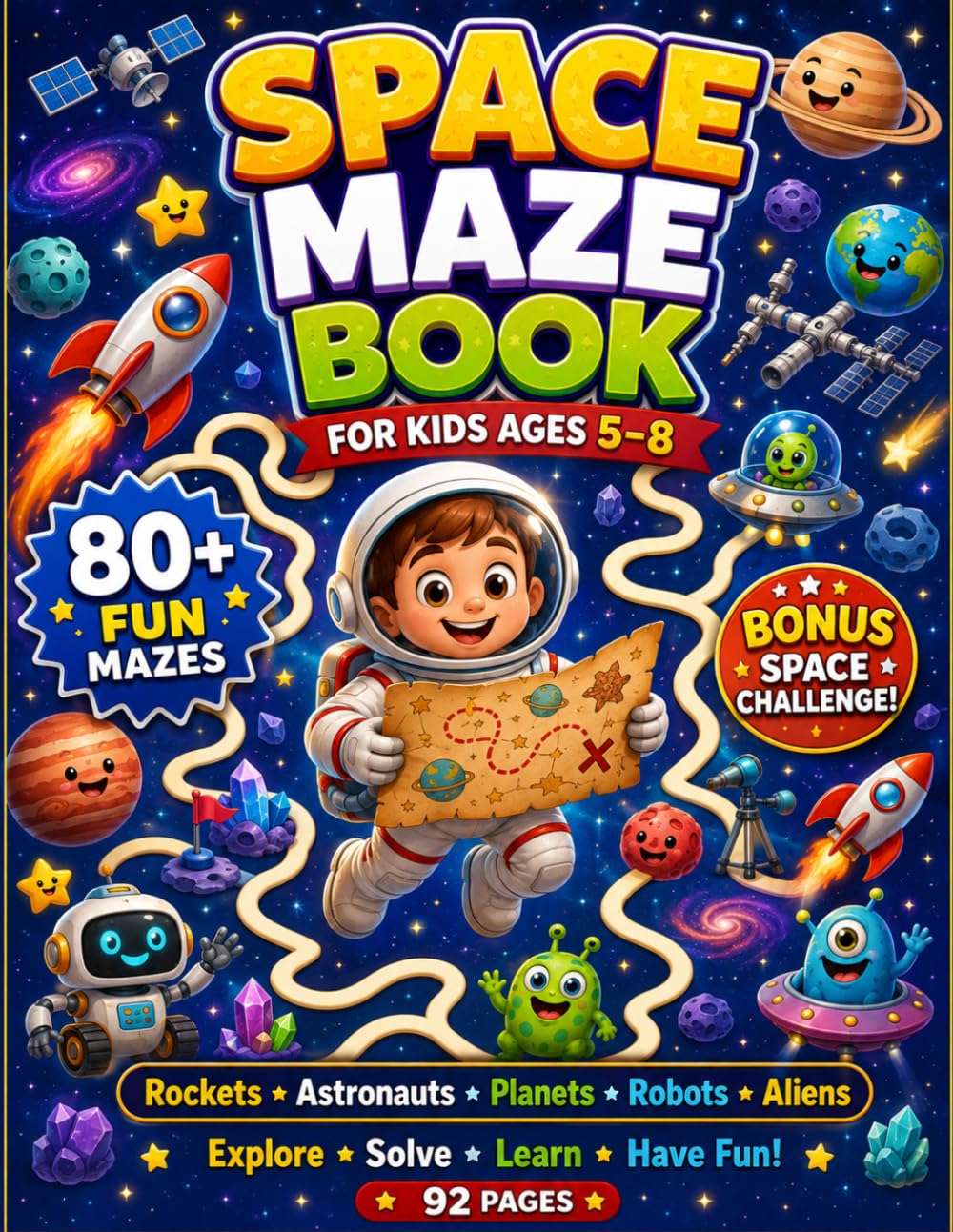 Space Maze Book for Kids Ages 5–8: 80+ Fun Mazes with Rockets, Astronauts, Planets, Robots, Aliens & Bonus Space Explorer Challenges