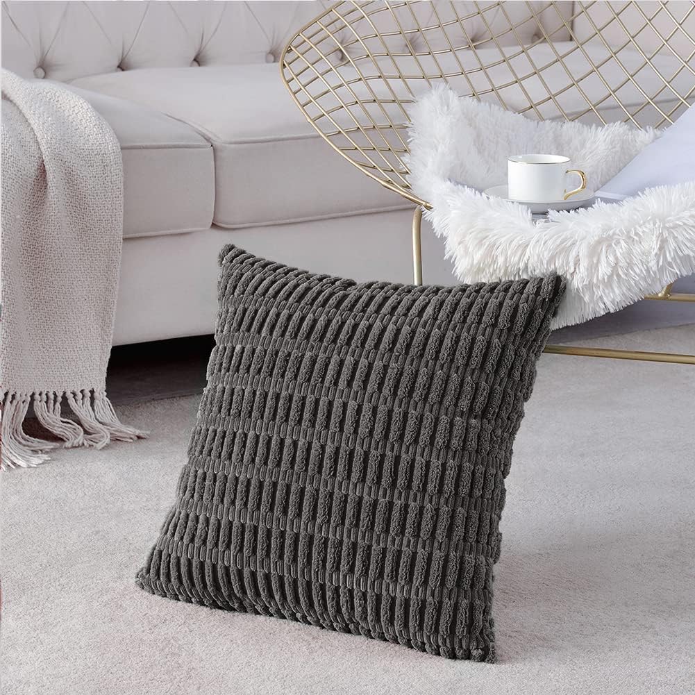 Fancy Homi 2 Packs Dark Grey Decorative Throw Pillow Covers 18x18 Inch for Living Room Couch Bed Sofa, Rustic Farmhouse Boho Home Decor, Soft Striped Corduroy Square Cushion Case 45x45 cm