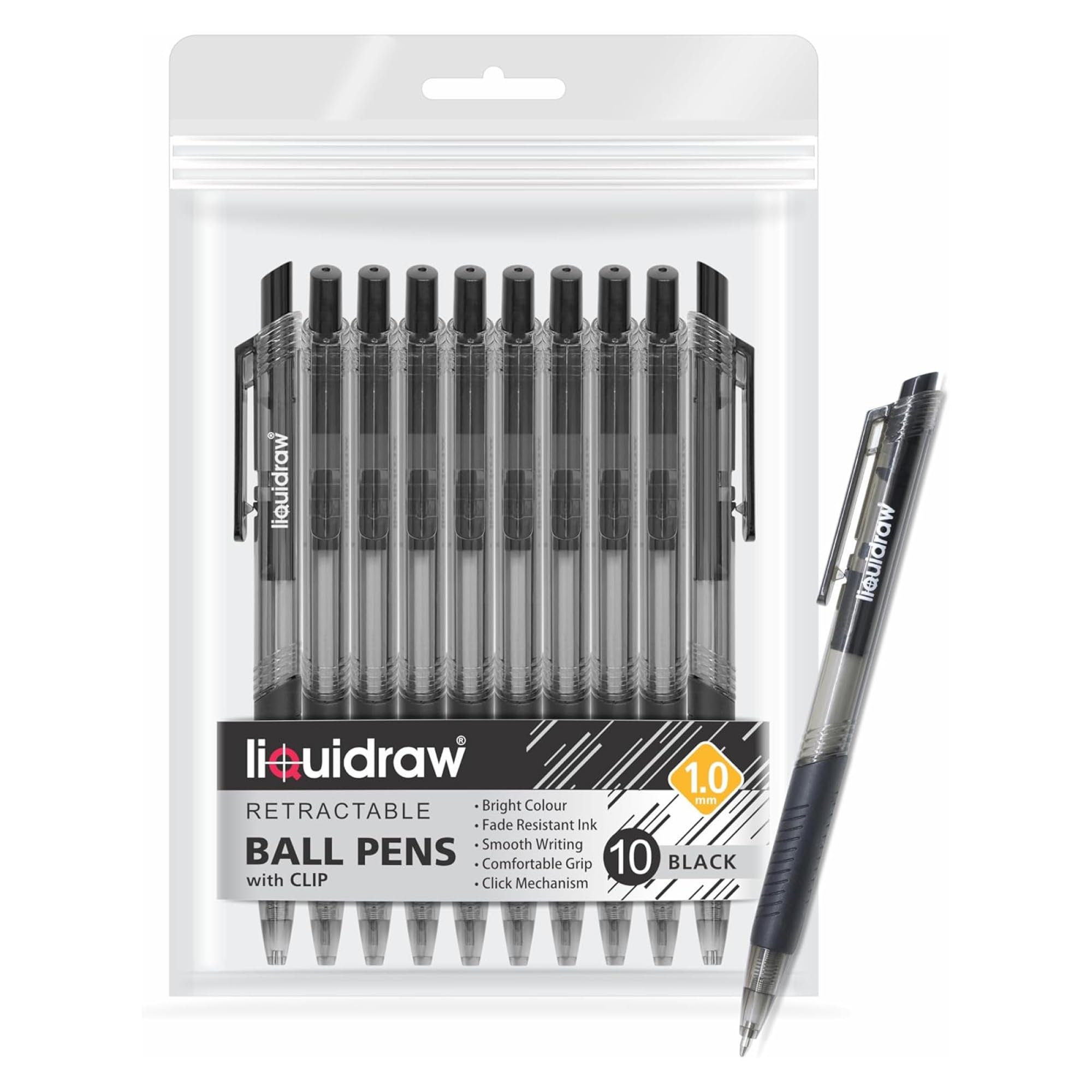 Liquidraw Black Ballpoint Pens - 10 Set | Retractable Click Ball Pens | Medium 1.0 mm Ball Point | Comfortable Grip Supports Smooth Writing | Ideal for Adults & Kids For Home, School & Office Use