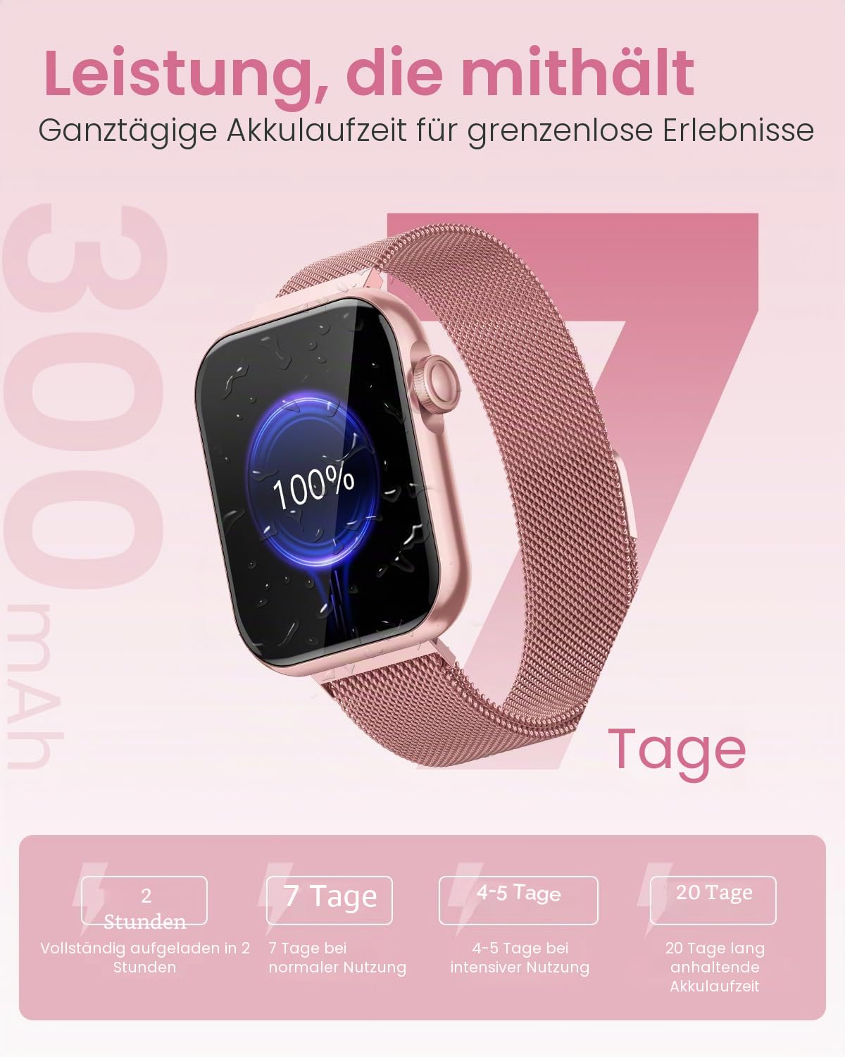 Smartwatch Damen mit Telefonfunktion 1,85 Zoll Fitnessuhr SpO2 Herzfrequenz Schlafmonitor IP68 wasserdicht für iOS Android Rosa