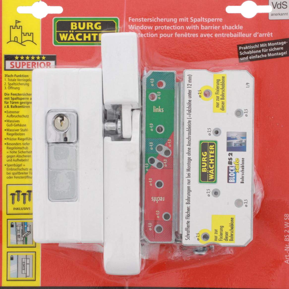 Burg-Wächter Fenstersicherung, Einbruchschutz für Fenster und Balkontüren, Abschließbar, Unter-/Ober-/Griffseite, Kippfenster, BlockSafe BS 2, Weiß