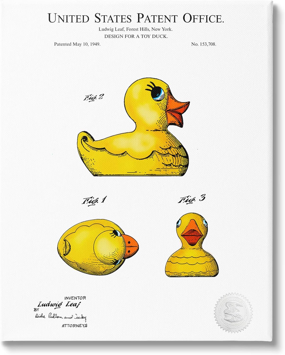 Stupell Industries Toy Rubber Duck Yellow Patent Design Diagram, Design by Karl Hronek
