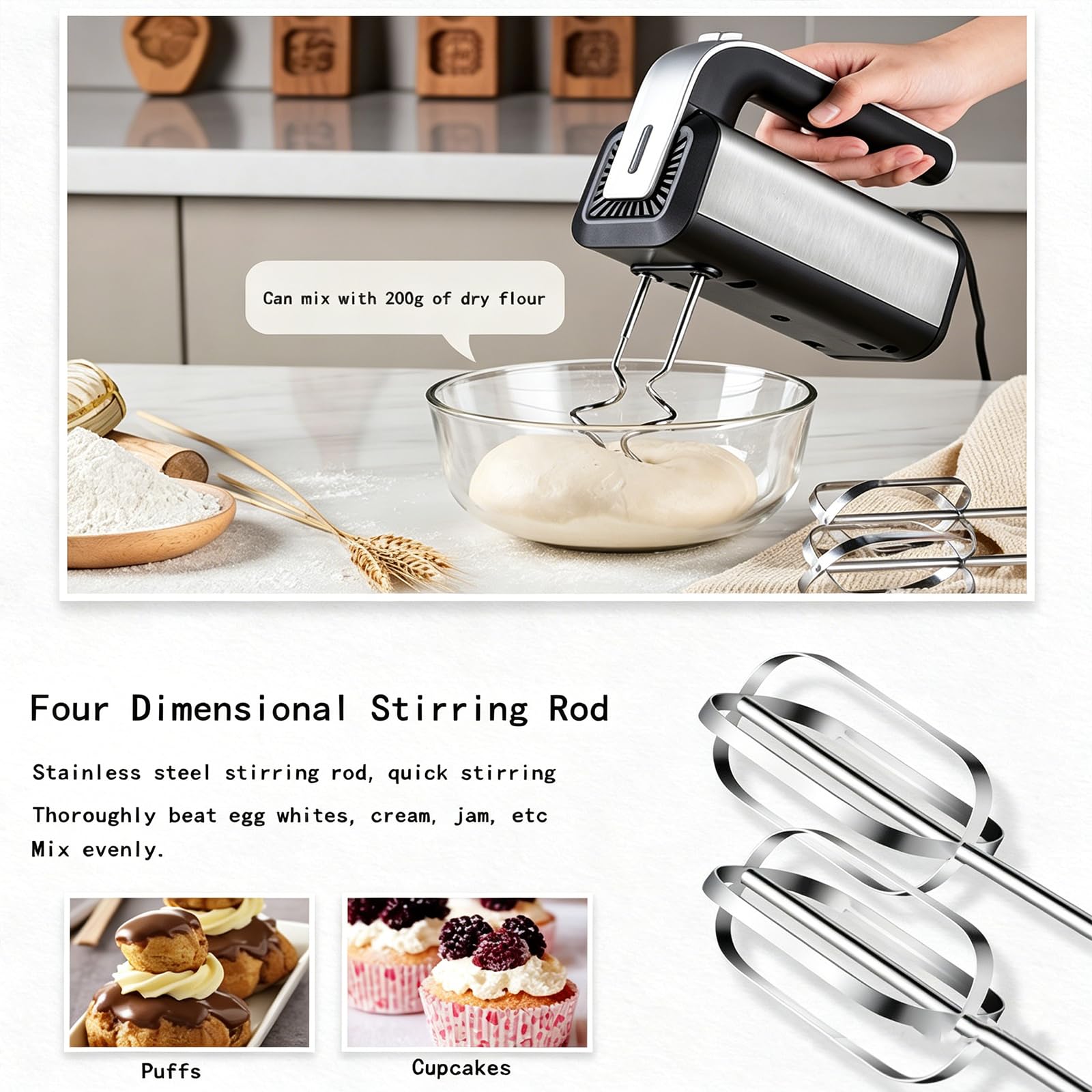 Frullatore a mano in acciaio inox da 800 W, frullatore da forno multiuso con fruste staccabili, frusta da cucina leggera per montare la panna e impastare la pasta, uso domestico per dolci