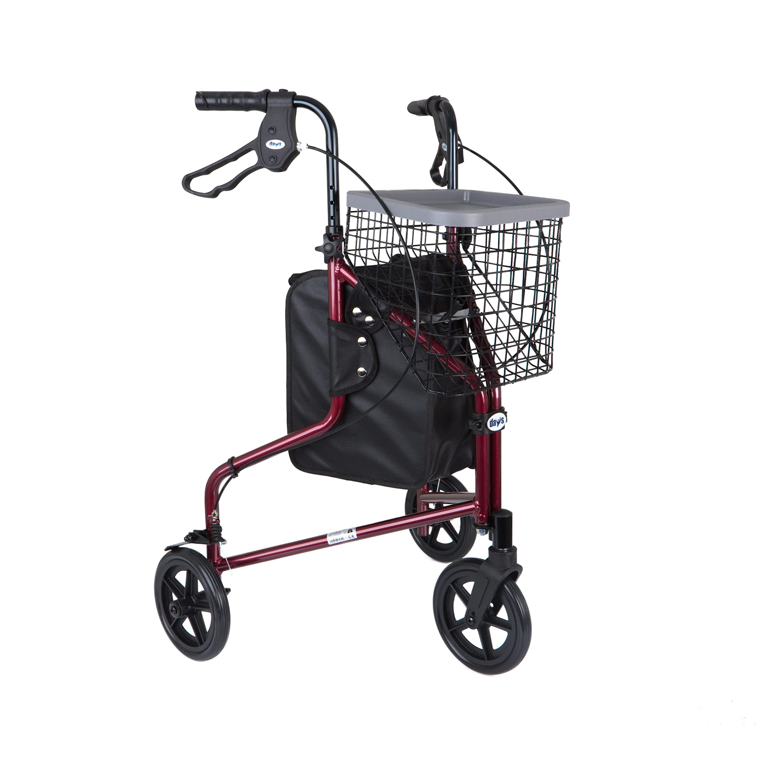 DAYS Lightweight Aluminum Folding 3 Wheel Tri Walker with Lockable Brakes, Adjustable Height, Limited Mobility Aid, Ruby Red with Bag, Basket and Tray