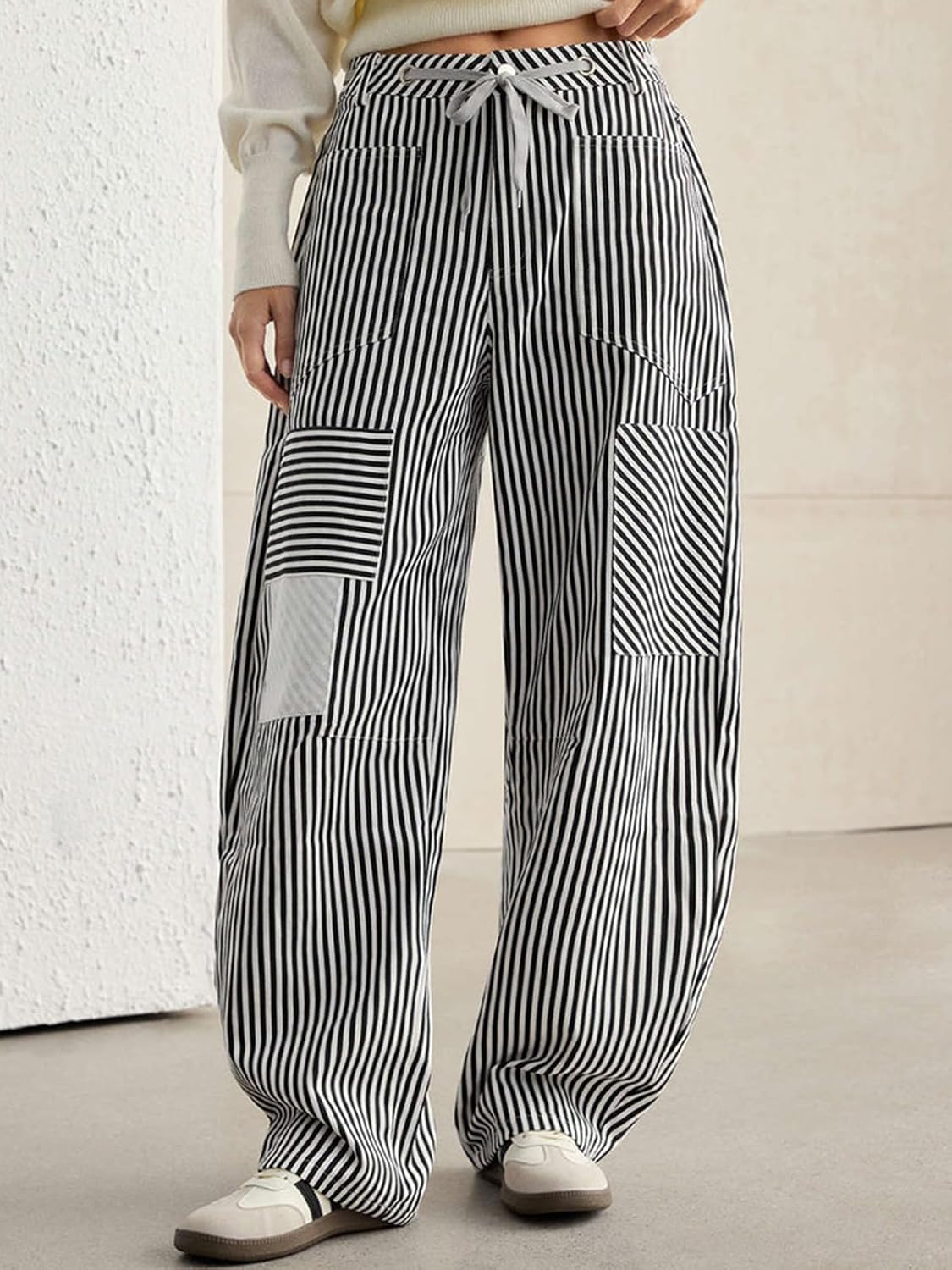 HOULENGS Womens Striped Barrel Jeans Casual Loose Straight Wide Leg Baggy Pants Drawstring High Waist Sweatpants with Pockets