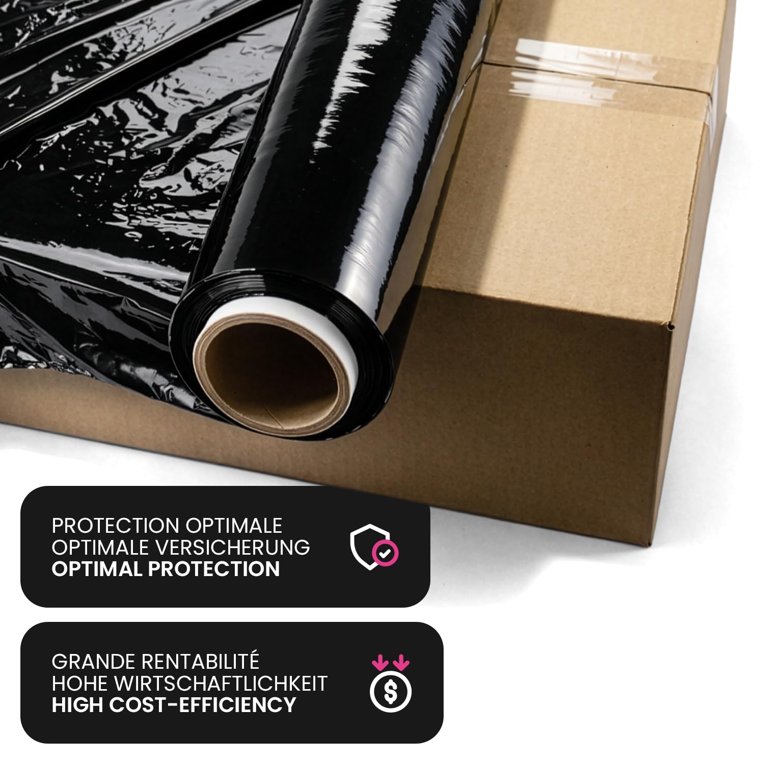 Netuno 6x rollo de film estirable negro 1,5 kg peso ancho 50 cm espesor 23 µm lámina elástica película de polietileno retráctil para embalar paletas paquetes cajas mudanzas transporte almacenaje