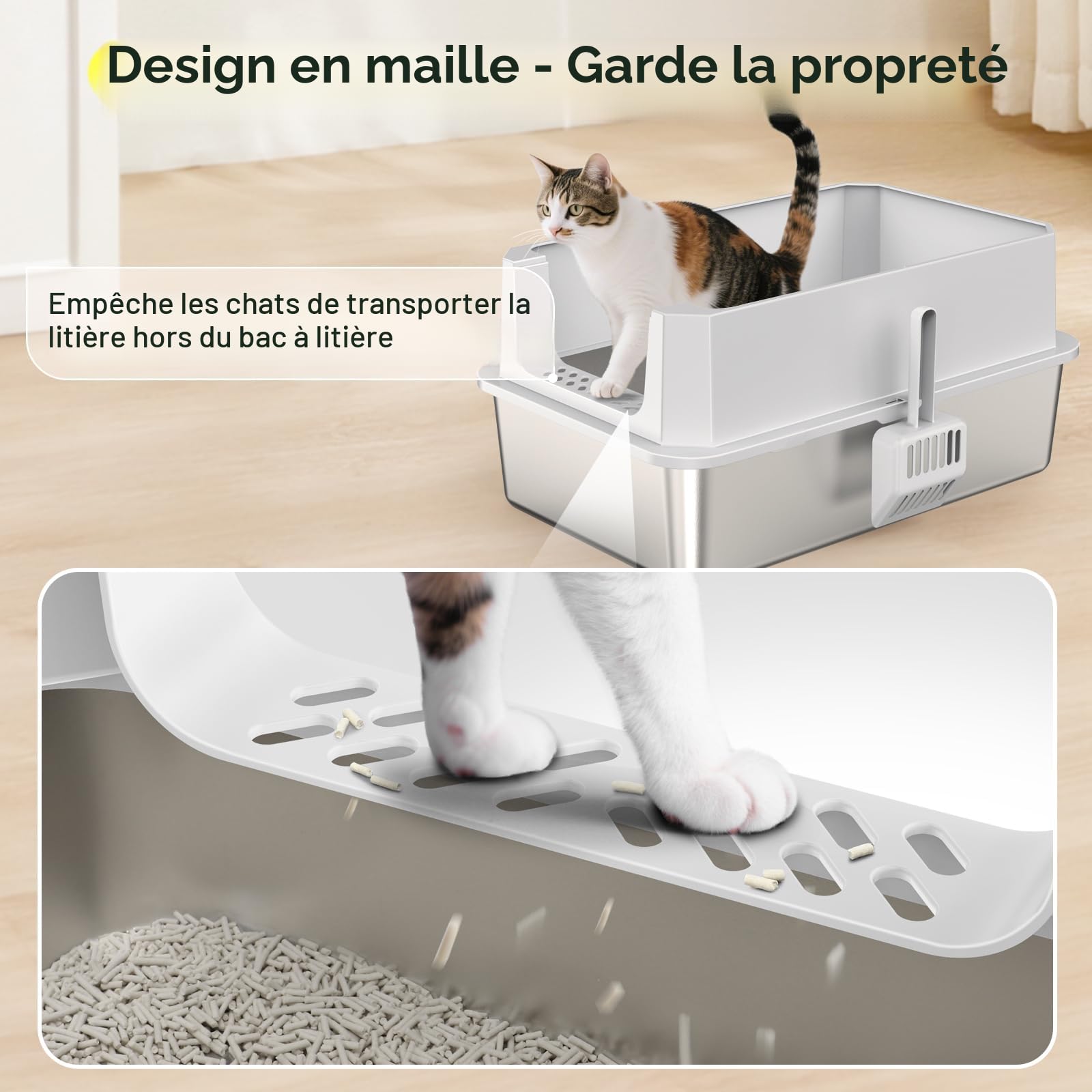 MIXJOY Bac à Litière Chat en INOX XL, Bac Litiere pour Chat 28L Grande Capacité Anti-Fuite à Bords Hauts, Design Ouvert Facile à Nettoyer avec Pelle Incluse, 56.5x36.5x25.5cm