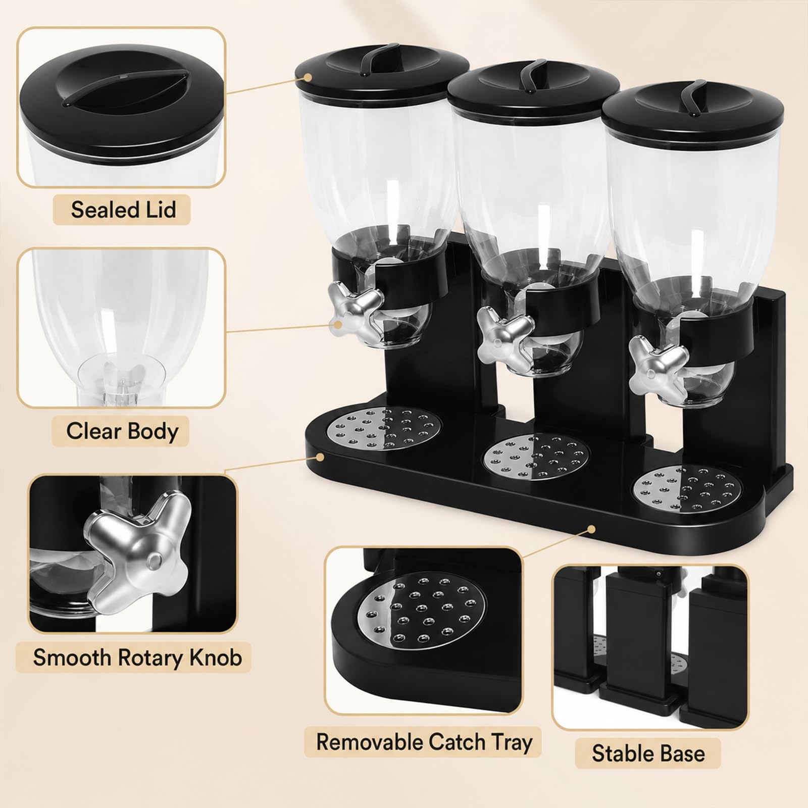Poweka Triple bidon de céréales en plastique, noir, 42 x 16 x 35 cm, capacité de 6 litres, moderne, fonctionnel
