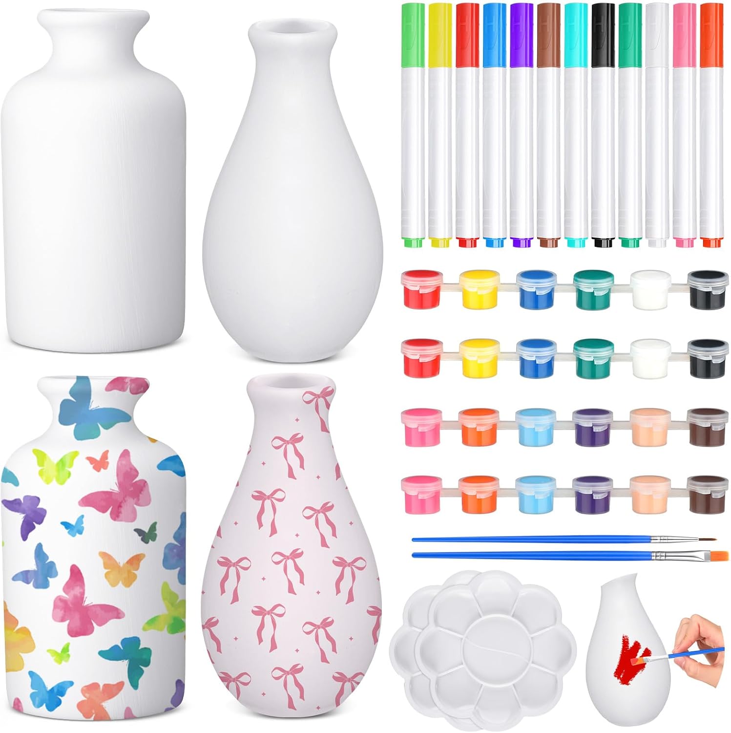 Singhoow 4 Set Paint Your Own Porcelain Paint Vase Art Project White Ceramic Painting Kit for Adults Porcelain Vase Decorating Kit with Christmas Holiday Supplies DIY(Charming)