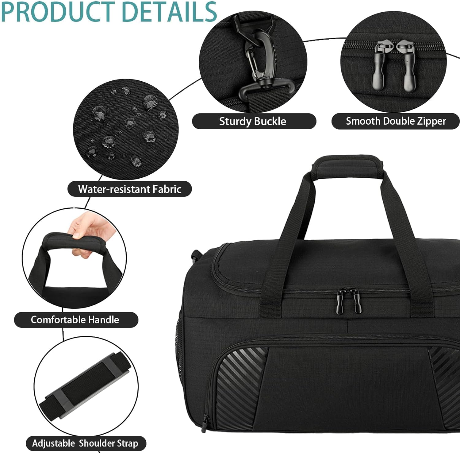 Urbanstand Gym Bag for Men - 22 Inch Large Sports Duffel Bags with Shoe Compartment, Weekender Carry On Duffle Bag for Sport, Camping, Fitness & Workout, Black - Image 5