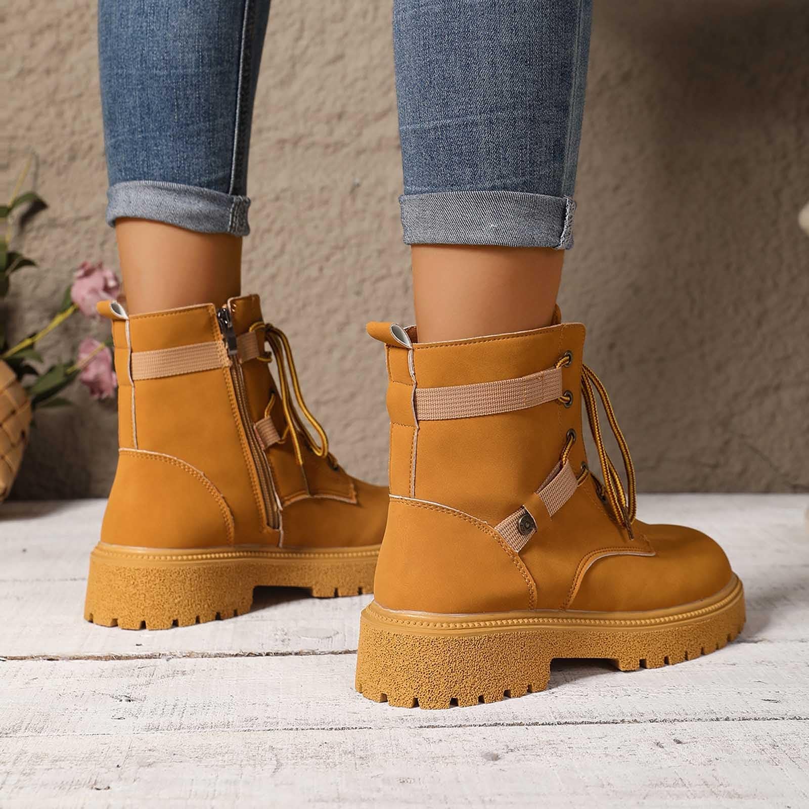 Generisch Bottines pour femme avec fermeture éclair latérale, lacets, chaussures de randonnée tendance avec semelle épaisse, bottes courtes élégantes pour l'aventure