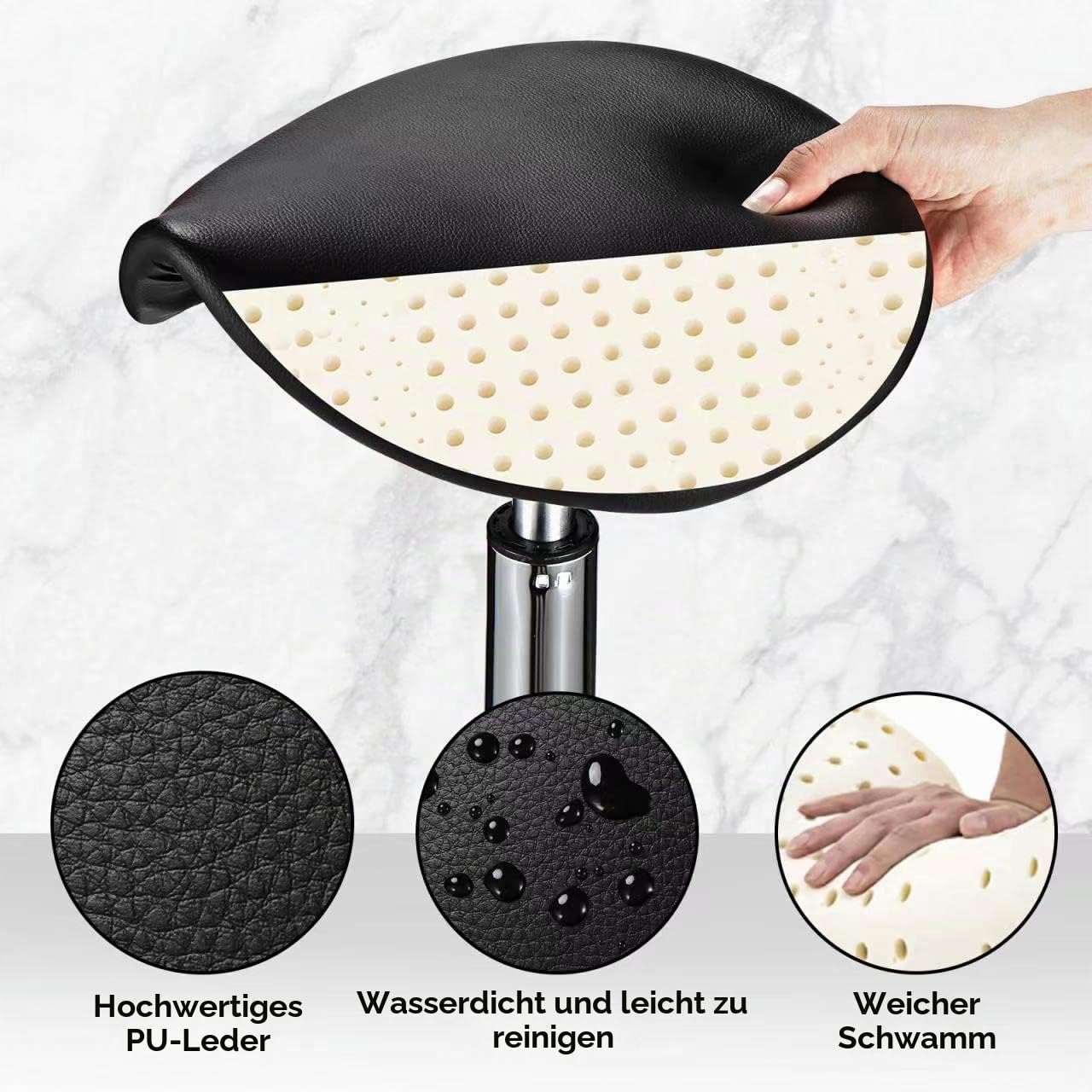Sattel Rollhocker mit Rädern PU Leder Höhenverstellbare Drehhocker Stuhl Schwarz