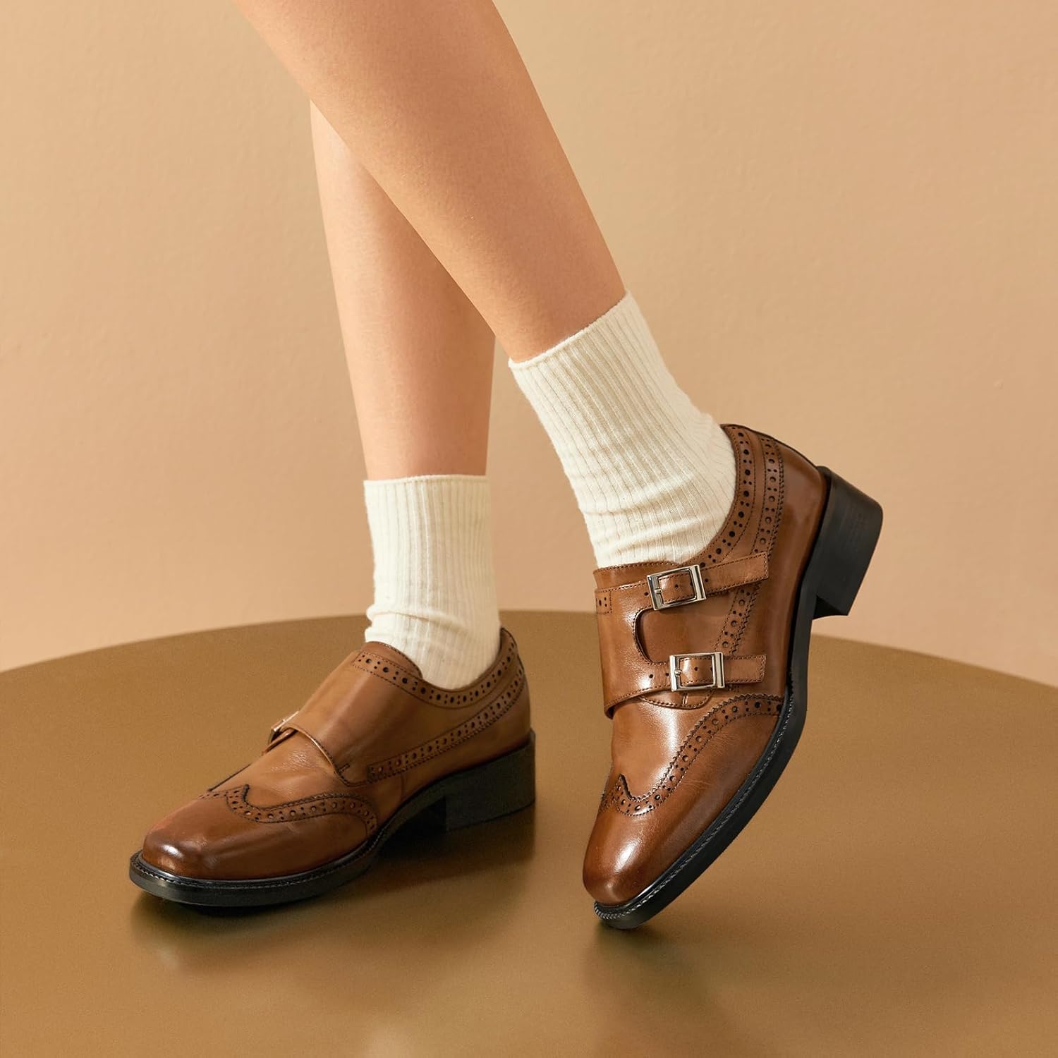 BEAU TODAY Monk Strap Loafers, Womens Leather Loafers, Cap Toe Slip-Ons Waxed Calfskin Loafer Flats for Business Casual Dress Women Shoes - Image 2