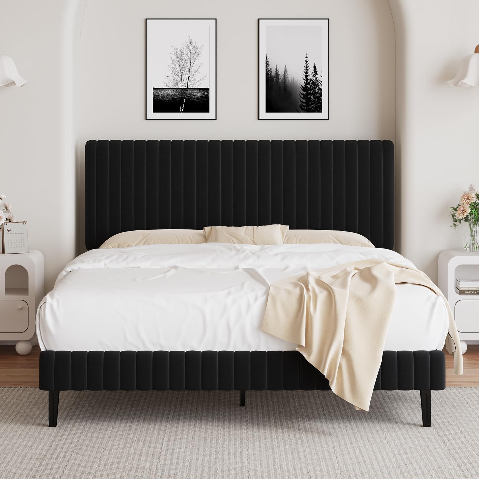 BarnFurin Full Size Bed Frame, Velvet Upholstered Platform Bed with Vertical Channel Tufted Headboard and Footboard, No Box Spring Required, Easy