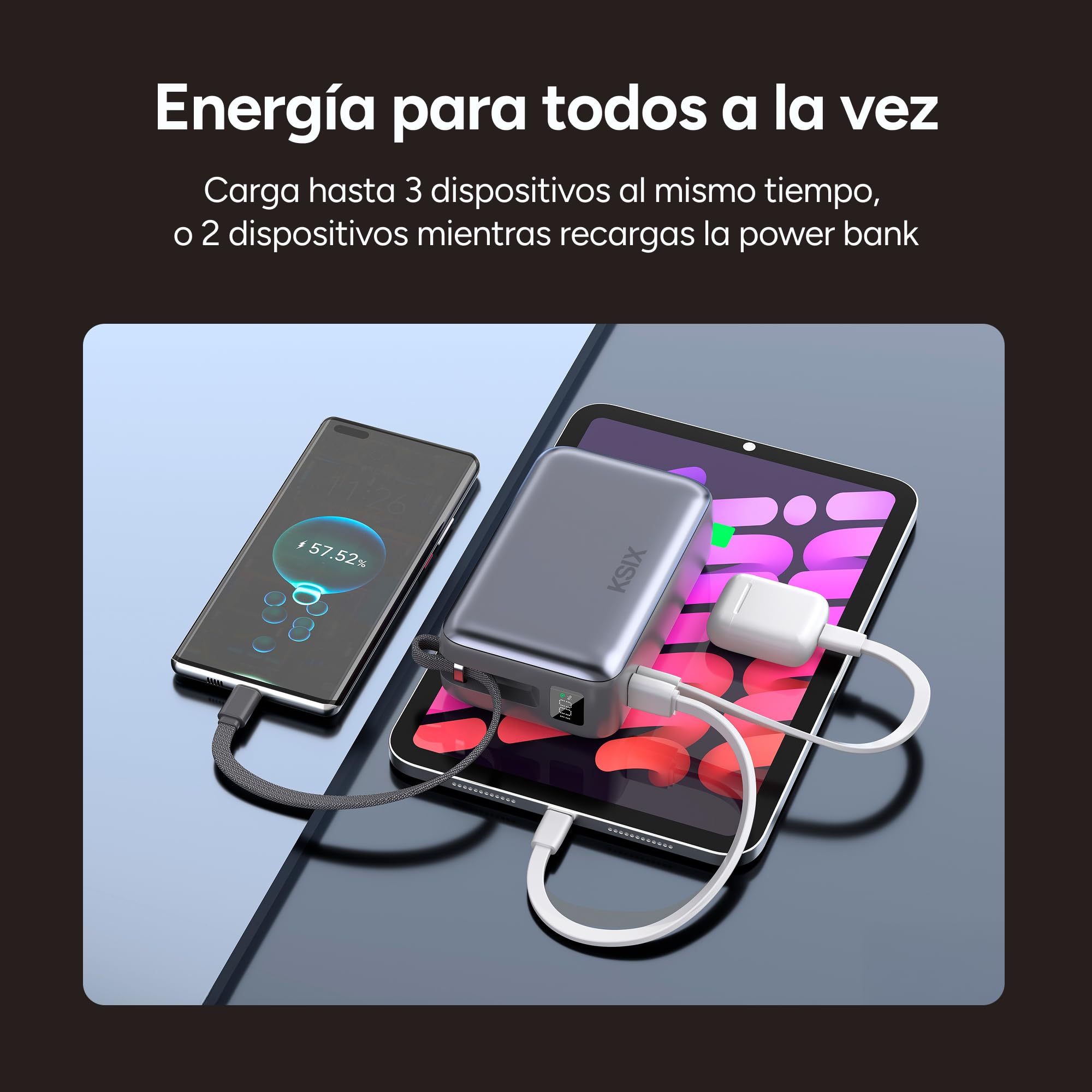 KSIX Powerbank 30000 mAh, Batería Externa Carga ultrarrápida 65W Power Delivery, Carga portátiles, Cable Integrado USB-C, Pantalla LED, Gris