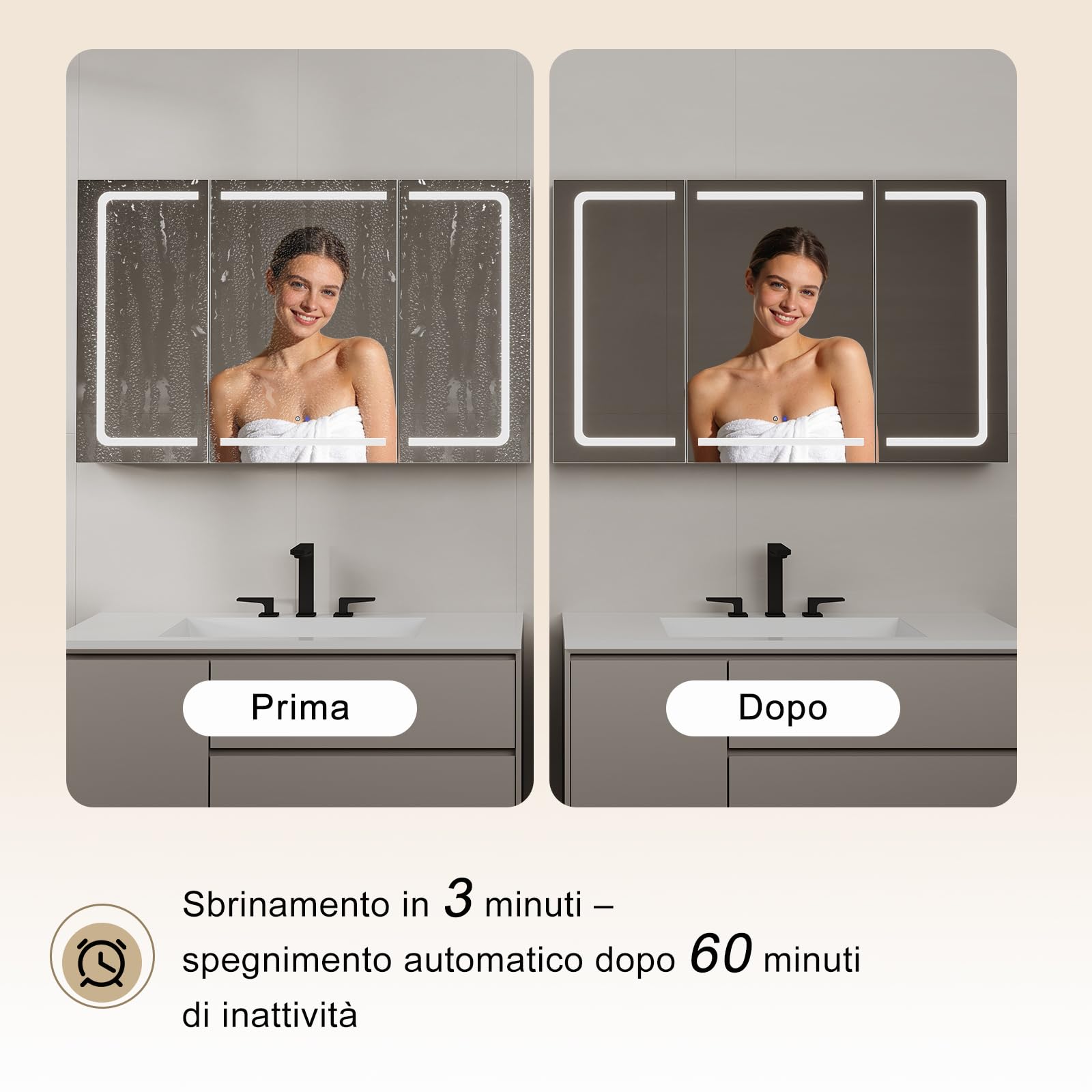 TRIUMPHKEY Specchiera Bagno con Luci, 120 x 75 cm, Design Pieghevole a 3 Ante, LED Dimmerabile, Cerniere ad Ammortizzamento, Antiappannamento, Prese Integrate e USB, 5 Livelli di Spazio Contenitivo