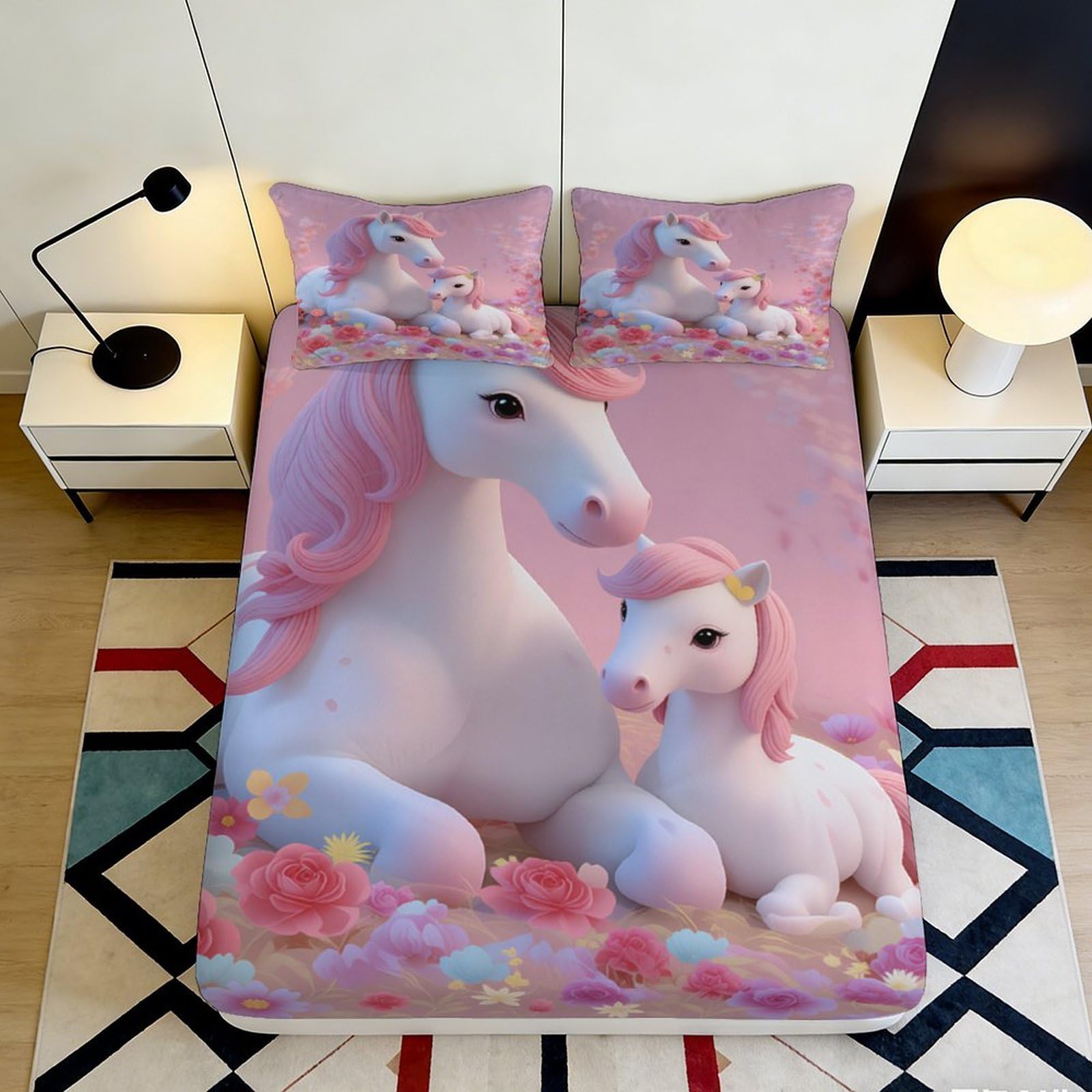 Uxinyoume Style-4 3D Printed Pink Unicorn Fitted Sheet Microfiber Soft Non-Slip Bed Cover For Bedroom Guest Room Dorm Mattress Decor 90X200x25cm
