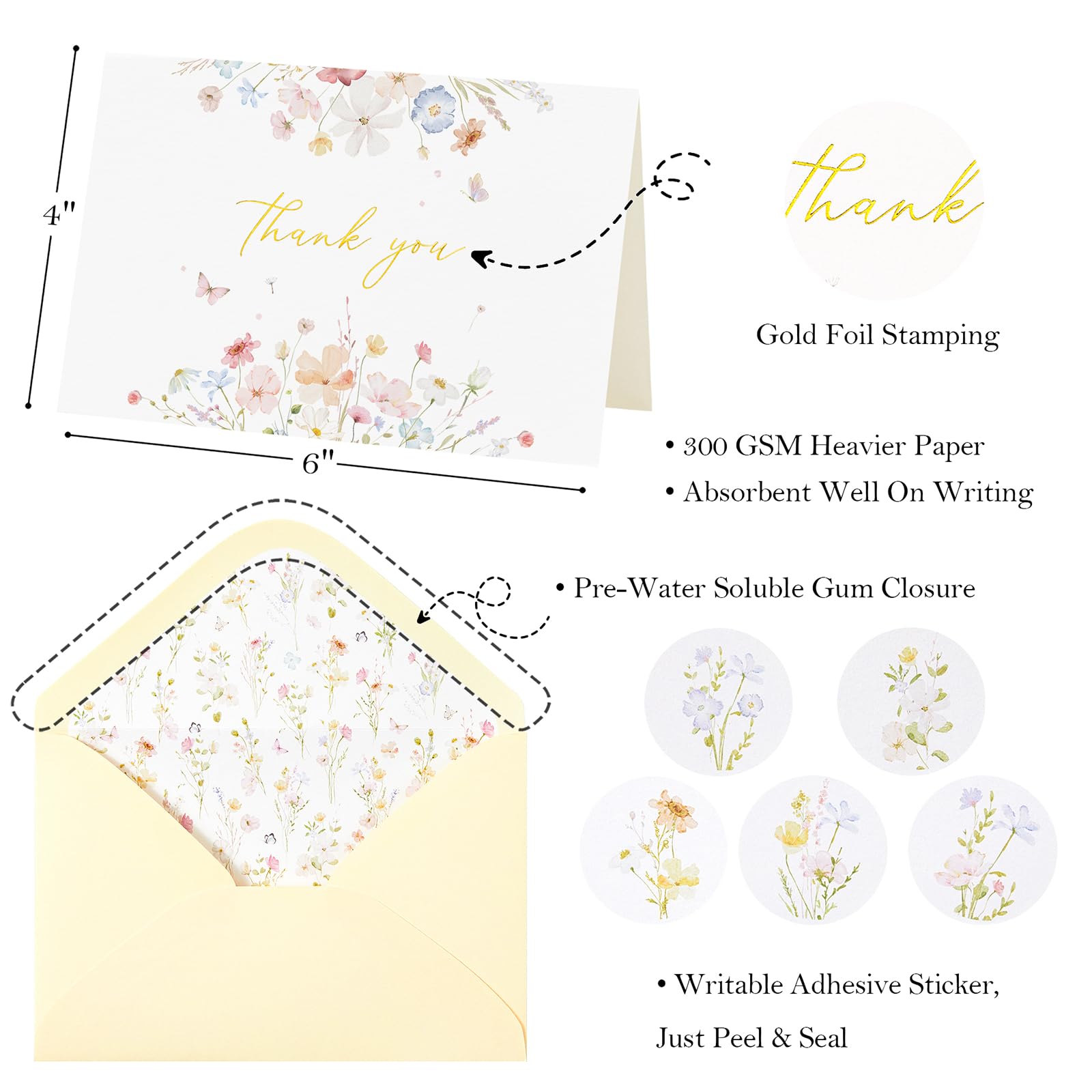 Crisky Lot de 50 cartes de remerciement florales assorties avec enveloppes et autocollants, aquarelle, fleurs sauvages délicates pour anniversaire, fête prénatale, mariage, remise de diplôme