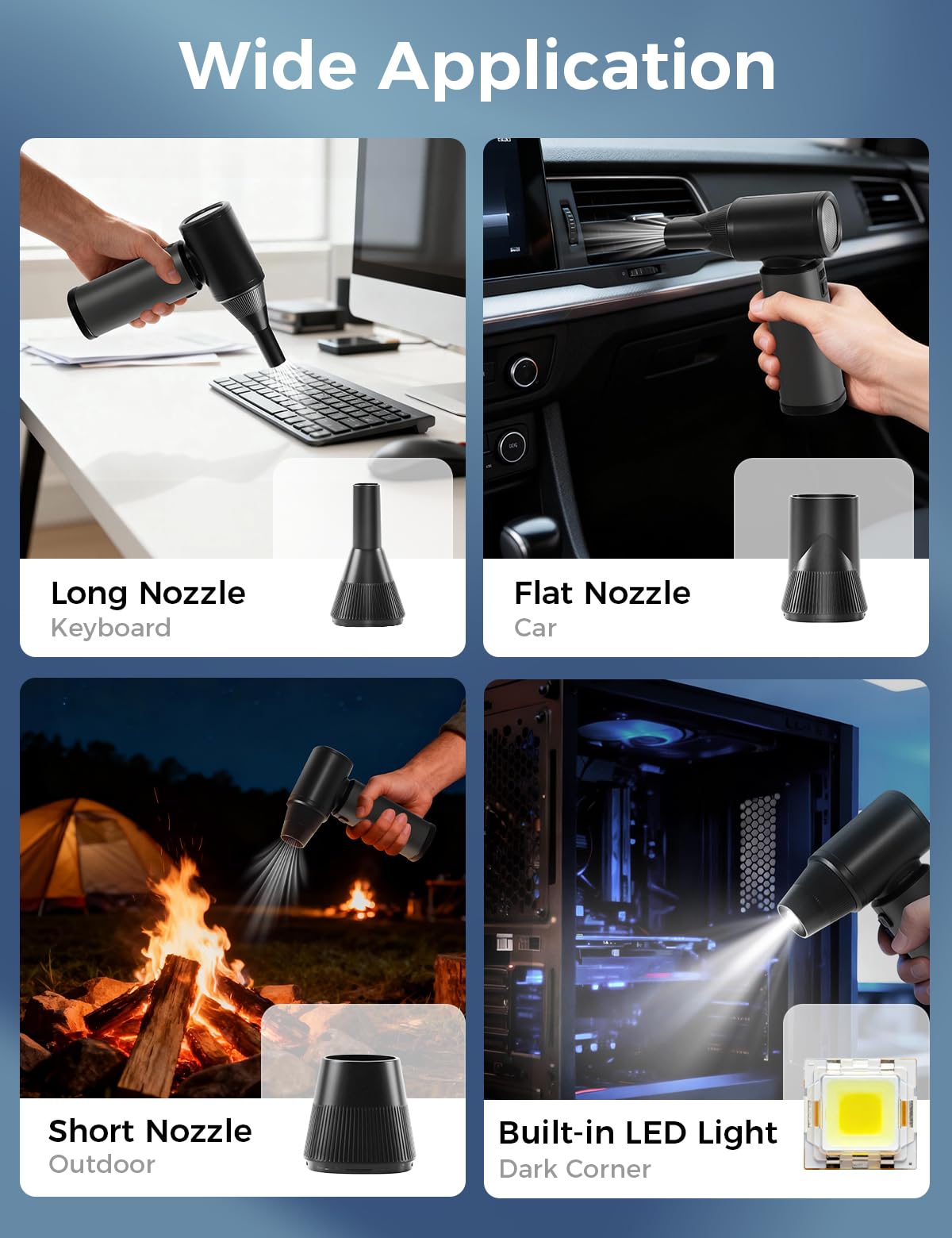 Soplador de polvo eléctrico de aluminio recargable, plumero de aire eléctrico, energía eólica, modo dual, velocidad ajustable continuamente, para teclado de computadora, hogar, coche, garde