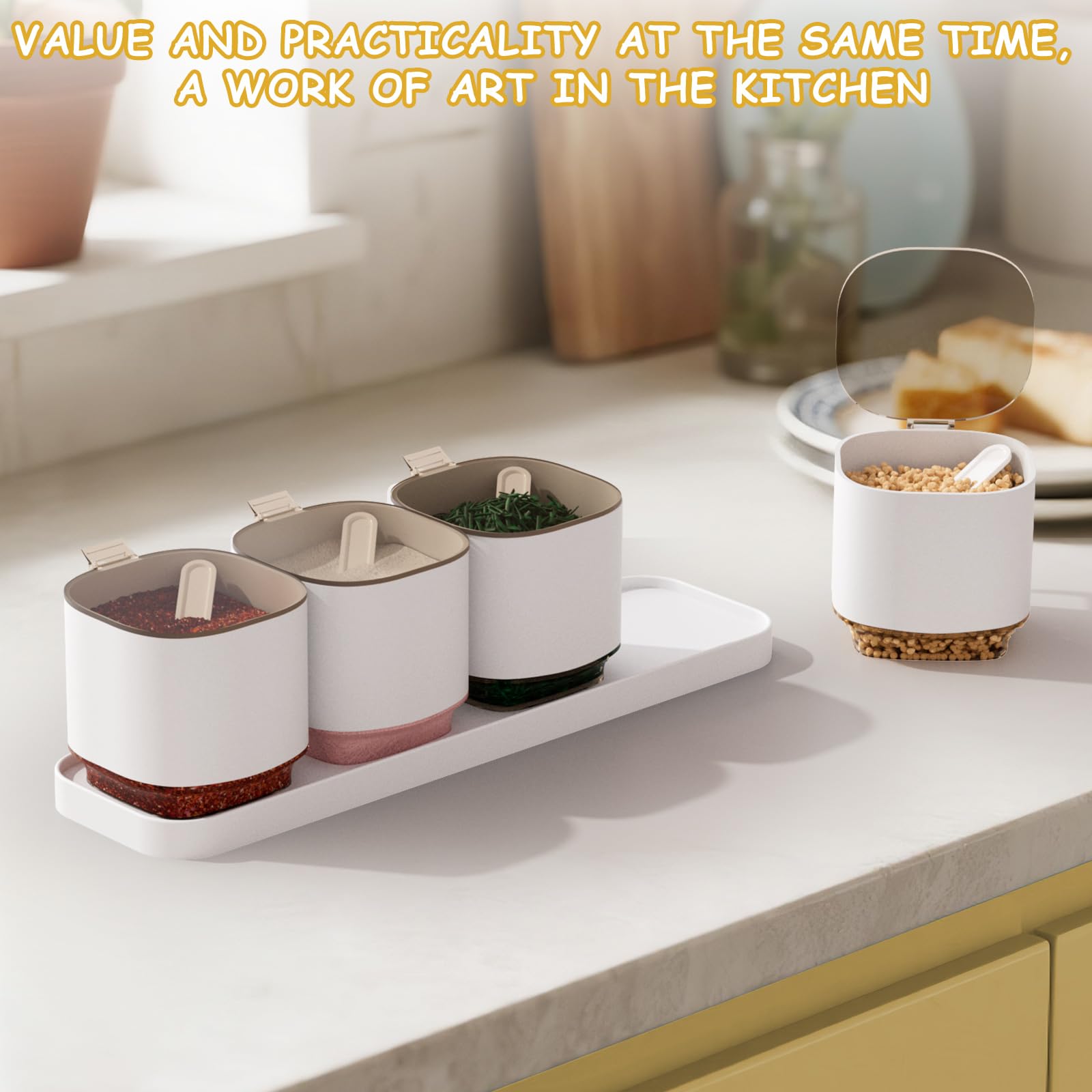 Set de 4 Pots à Épices en Matériau PP et AS avec Support et Cuillère pour Cuisine, Café ou Cadeau (Blanc - 4 Pots-BY)