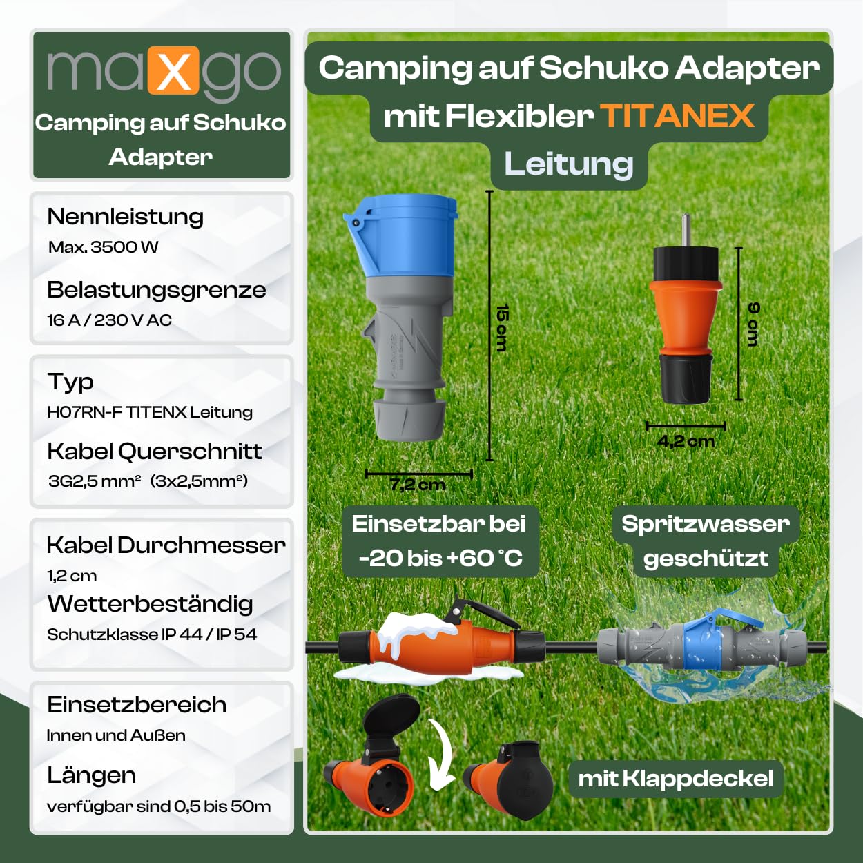Schuko auf CEE Adapter 15m Camping Stromkabel TITANEX 3x2,5 Landstromkabel Wohnmobil Wohnwagen Kabel Camping Adapter 15 Meter Strom Verlängerungskabel CEE-Stecker Campingstecker