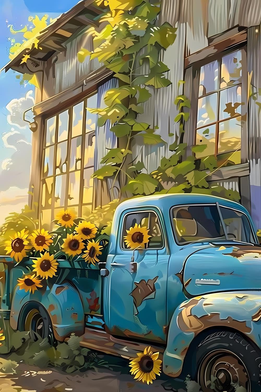 DIY 5D Diamond Painting Kits for Adults Diamond Art Old Blue Truck in Barn Rhinestone Diamond Embroidery Truck Craft Kits for Living Room Bedroom Wall Decor Gift 18x24 inch