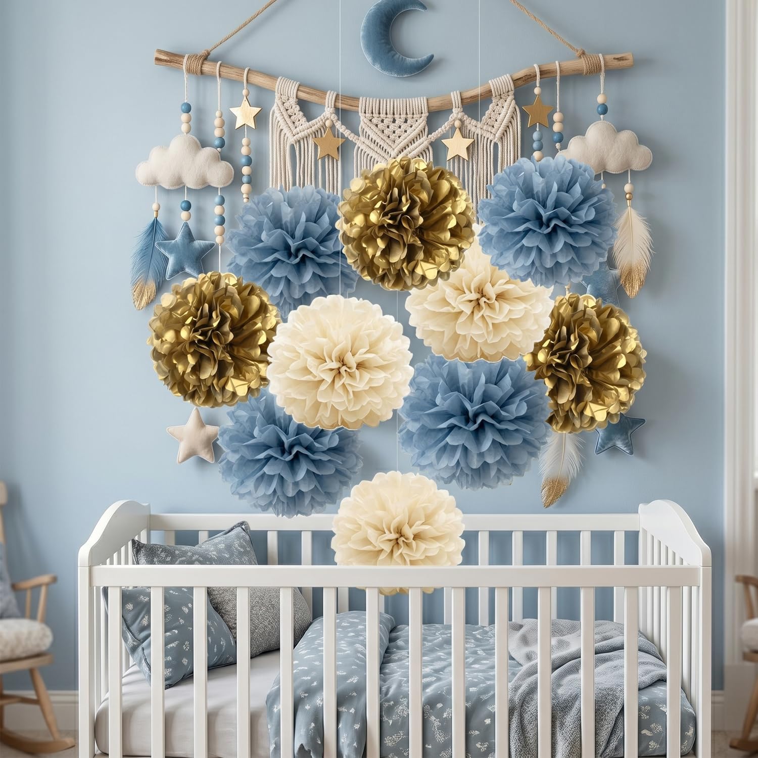 10-Pack Dusty Blue Cream Gold Party Decorations Paper Flowers Hanging Tissue Pom Poms Backdrop for Baby Bridal Shower Wedding Engagement Birthday Nursery Wall