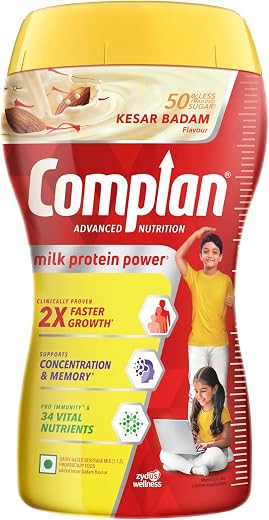 Complan Nutrition Drink Powder for Children, Kesar Badam Flavour, 500 g Jar | Nutrition drink for kids with protein &amp; 34 v...