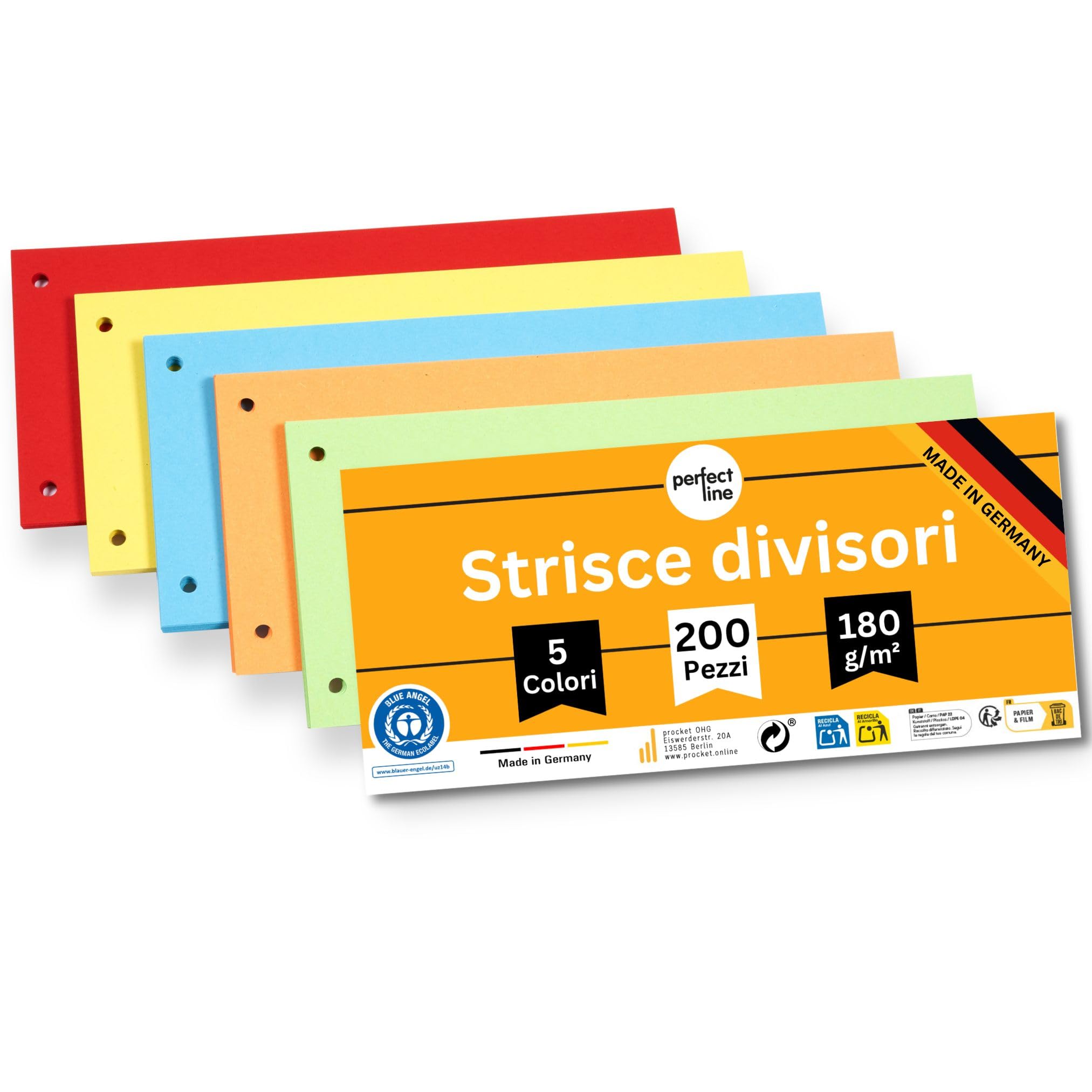 Perfect Line 200 Strisce Divisori per Raccoglitori ad Anelli A4, Forati, 5 Colori, Made in Germany