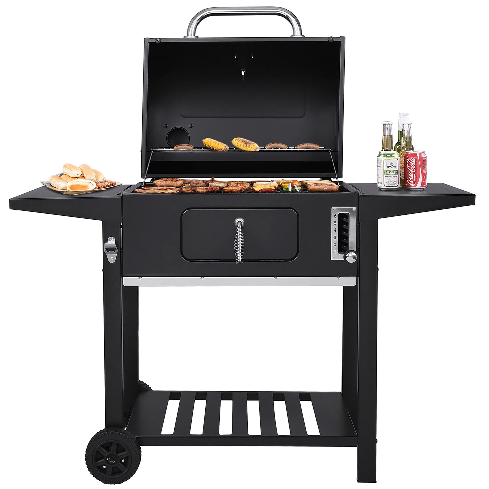 Royal Gourmet 24 Inch Charcoal BBQ Grill with 587 Sq. In. Cooking Area, Outdoor Barbecue Grill with Side Tables for Outdoor Picnic and Camping Grilling, Black