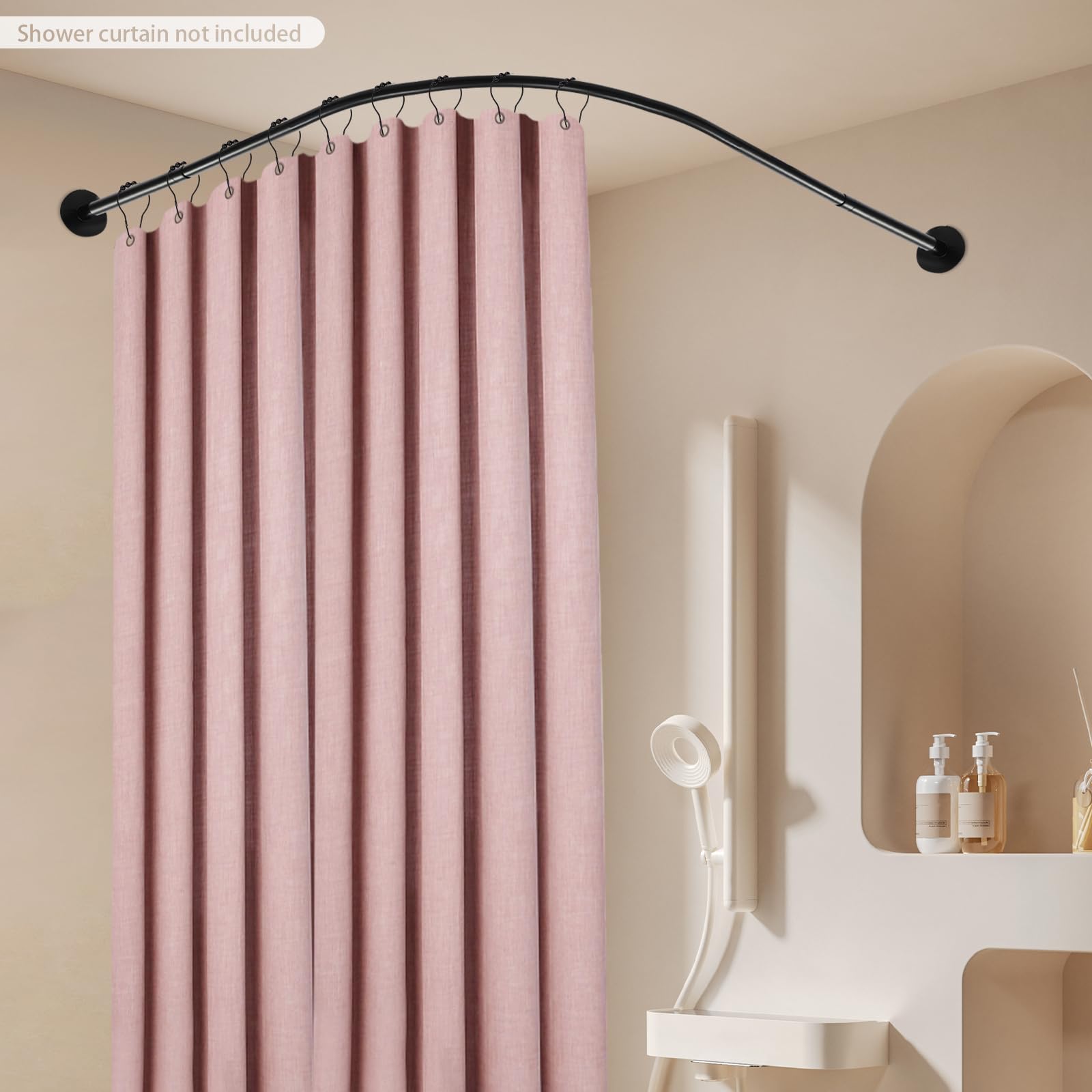 Barra de cortina de ducha angular L, barra de cortina de ducha extensible negra, barra de acero inoxidable para cuarto de baño, sin taladrar, soporte de pared o adhesivo, instalación fácil, ajustable