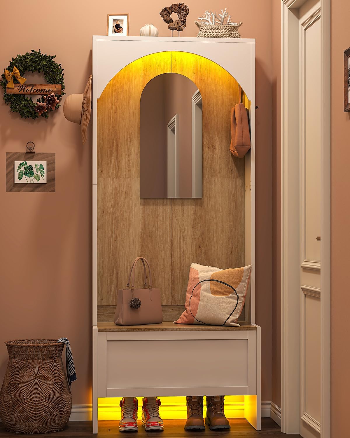 LED Arched Hall Tree with Bench and Storage, Entryway Bench with Coat Rack and Mirror, Mudroom Storage, Entryway Furniture, 4 Coat Hooks