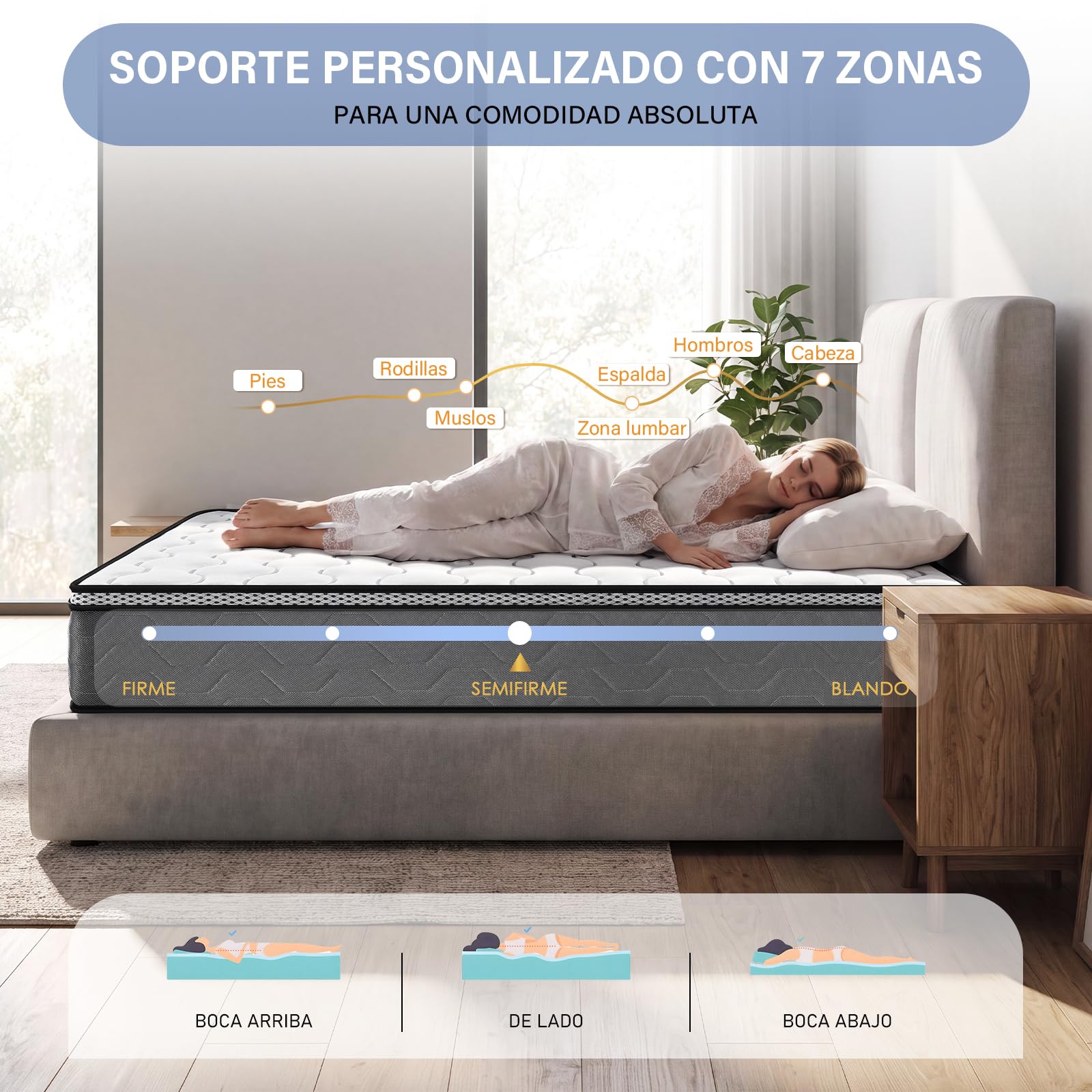 TEENO Colchones 135x190 | Altura 27 cm | Colchón Viscoelástico | Muelles Ensacados | Firmeza Media-Alta | Adaptabilidad Premium | Antideslizante | Antibacterial | 7 Zonas Confort