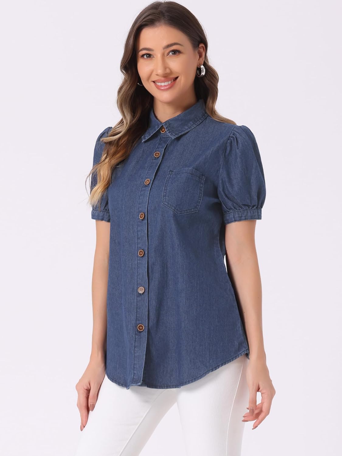 Allegra K Women's Denim Tops Short Puff Sleeve Spread Collared Pocket Button Up Jean Shirt - Image 2