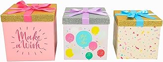 VOTUM Birthday Gift Boxes, Set of 3 Nesting Birthday Celebration Boxes - Decorative Stackable Paperboard Containers for Celebration with Glitter Lids and Festive Bows