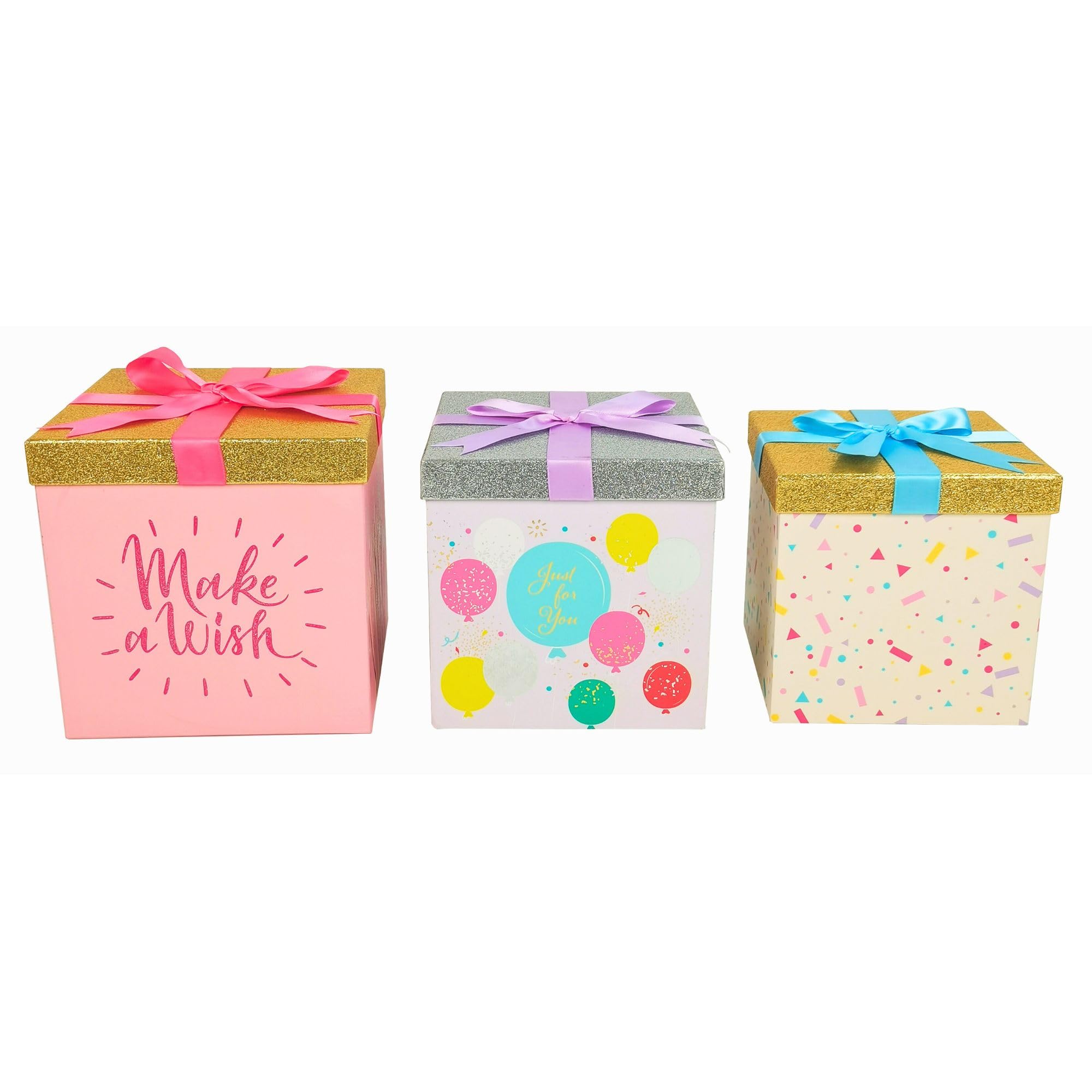 VOTUM Birthday Gift Boxes, Set of 3 Nesting Birthday Celebration Boxes - Decorative Stackable Paperboard Containers for Celebration with Glitter Lids and Festive Bows