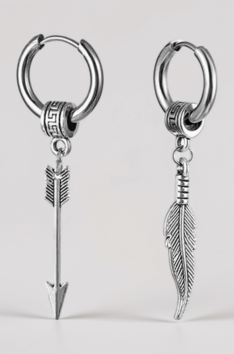 Men Huggie Ear Studs With Feather Ring Long Chain Punk Titanium Steel Piercing Jewelry Silver Stainless Steel Hoop Earrings For Men And Women