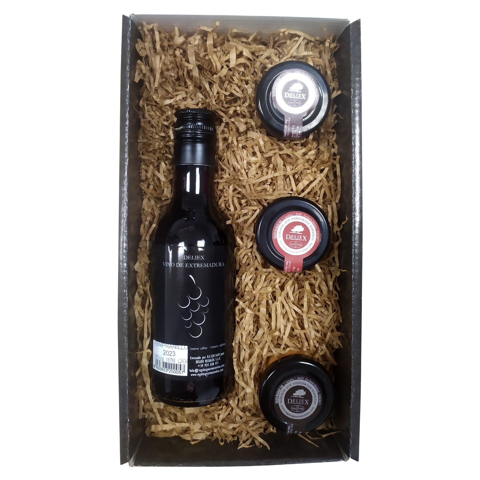 Cesta de Regalo Navidad con vino, paté ibérico, crema de jamón curado y lomo curado en estuche