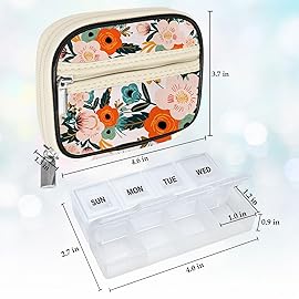 Serfeymi Weekly Travel Pill Organizer Pill Case for Purse with Removable 7 Day Pill Box, Fashionable Travel Medicine Organizer Pill Container for Medicine, Vitamin, Supplement - Bloom 01 + Pill Box