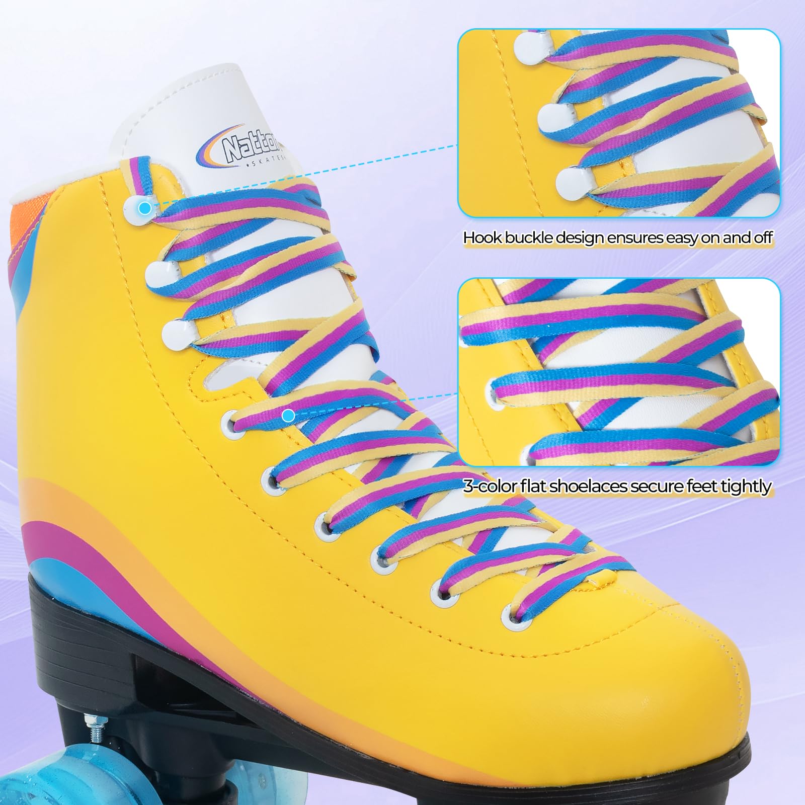 Nattork Roller Skates for Women Outdoor Fun Fashionable Roller Derby Skates for Men Girls Boys Pink Purple Blue Teal Yellow