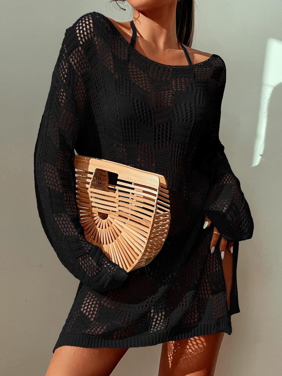 SHENHE Women's Swimsuit Coverup Long Sleeve Hollow Out Crochet Dress Beach Cover Up for Swimwear - Image 4